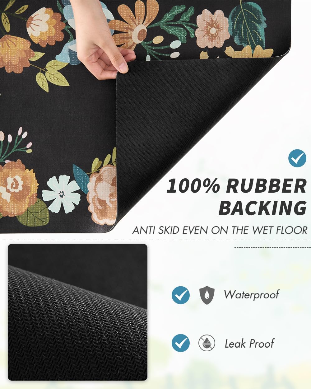 AMOAMI Coffee Mat Hide Stain Rubber Backed Absorbent Dish Drying Mat for Kitchen Counter - Fits Under Coffee Maker or Machine - Floral BLACK 17x31.5