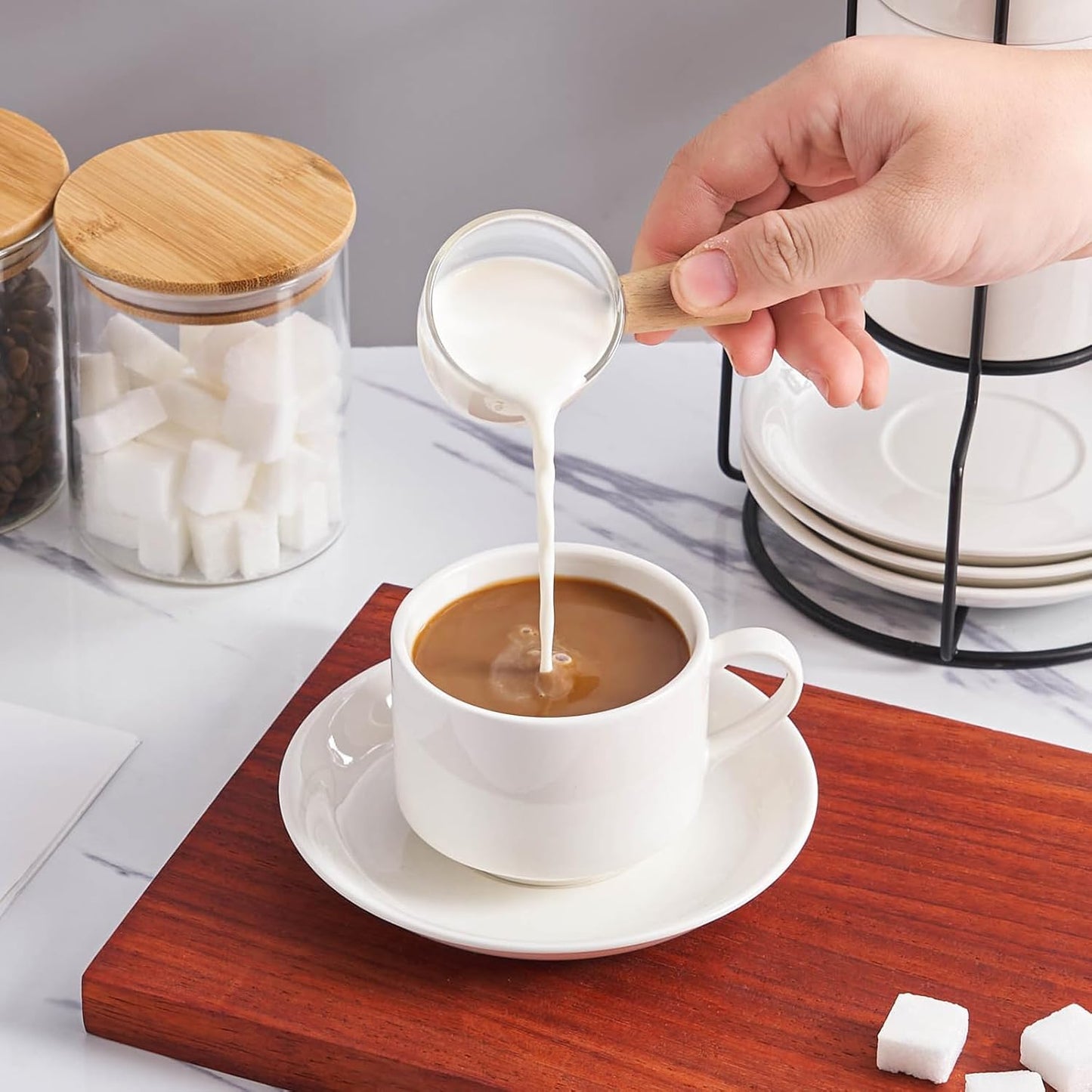 YOLIFE 8oz Porcelain Stackable Cappuccino Cups with Saucers and Metal Stand Set of 4, Coffee cups for Espresso, Specialty Coffee Drinks, Latte, Americano and Tea - White