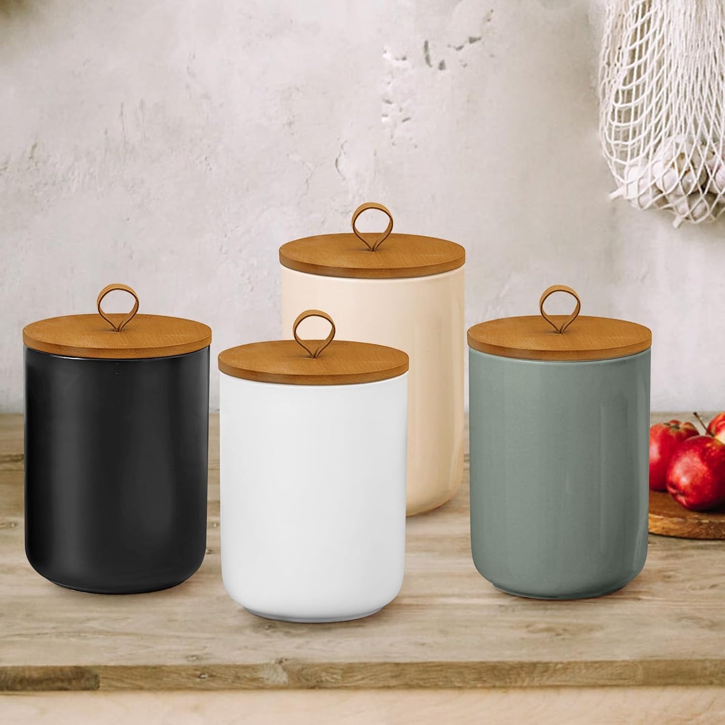 Large Ceramic Storage Jars, Modern Elegant Highly Polished Airtight Gorgeous Storage Canisters with Wooden Lid Food Storage Jar for Kitchen Spice Tea Vanilla Sugar Coffee Beans (White)
