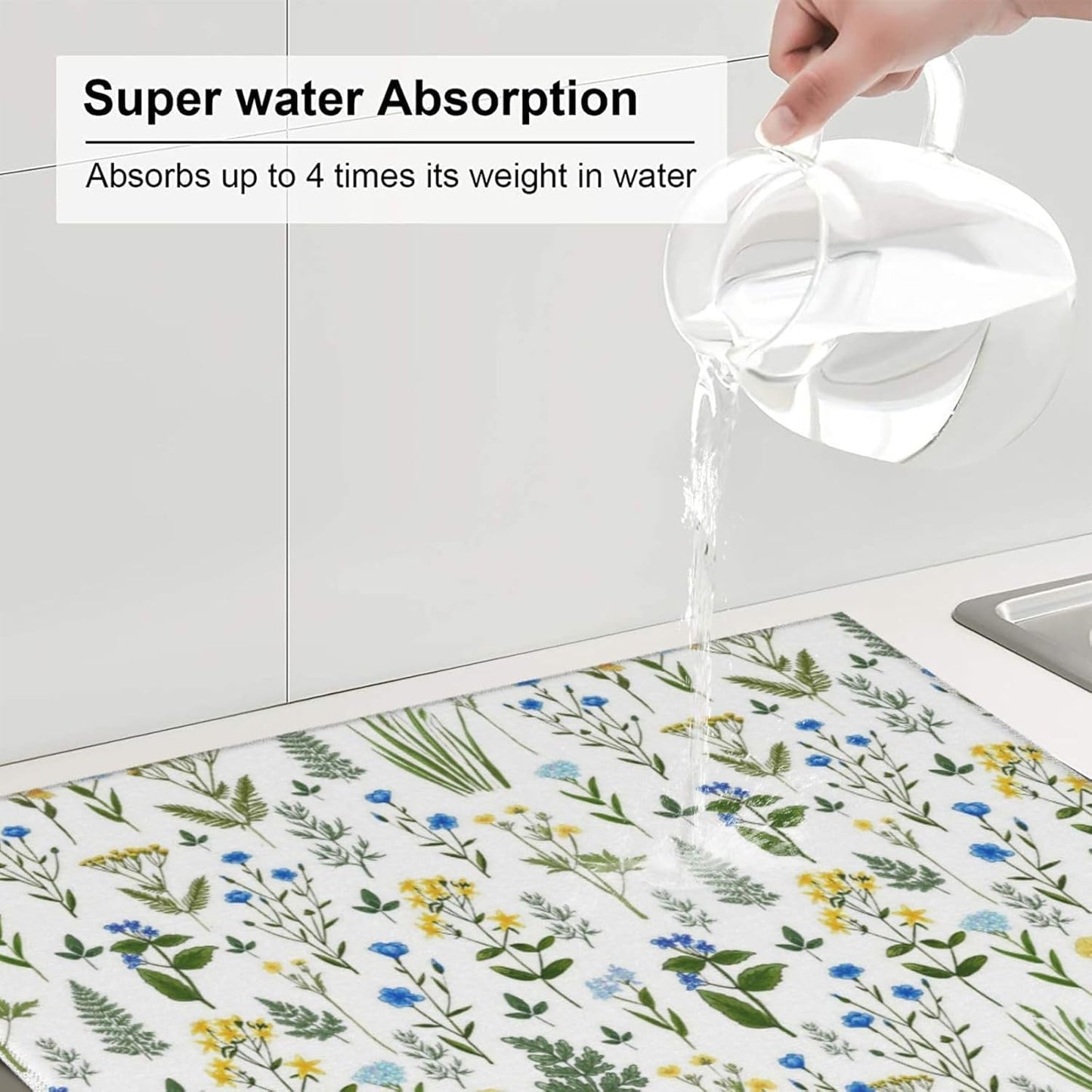 Blue Yellow Wildflower Dish Drying Mats for Kitchen Counter, Vintage Botanic Fern Leaves Floral Kitchen Drainer Pad, Absorbent Microfiber Reusable Washable Dish Draining Mats, Home Decor, 16 x 18 inch