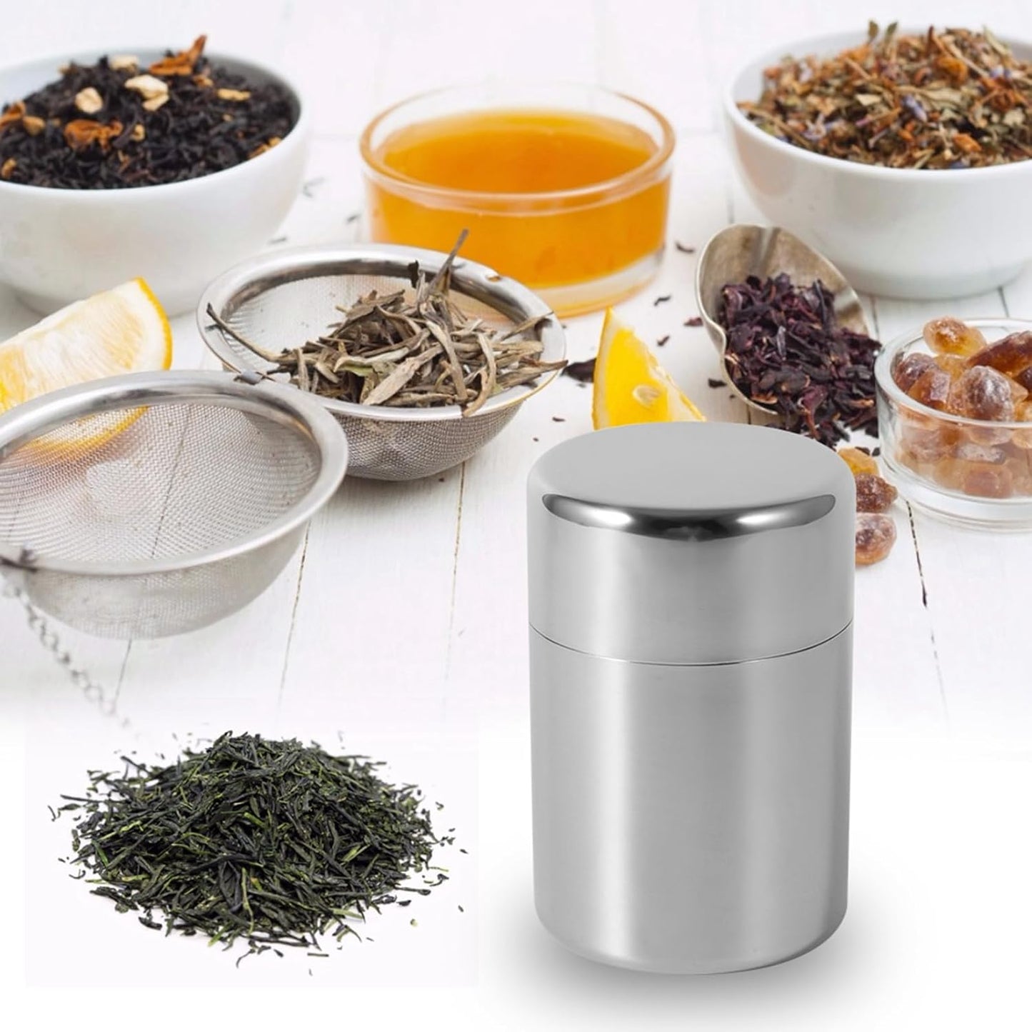 Tea Canister Tin, Loose Leaf Tea Storage, 450ml Tea Bag Holder Organizer, Matcha Stainless Steel Metal Jar with Lid for Kitchen Counter Coffee