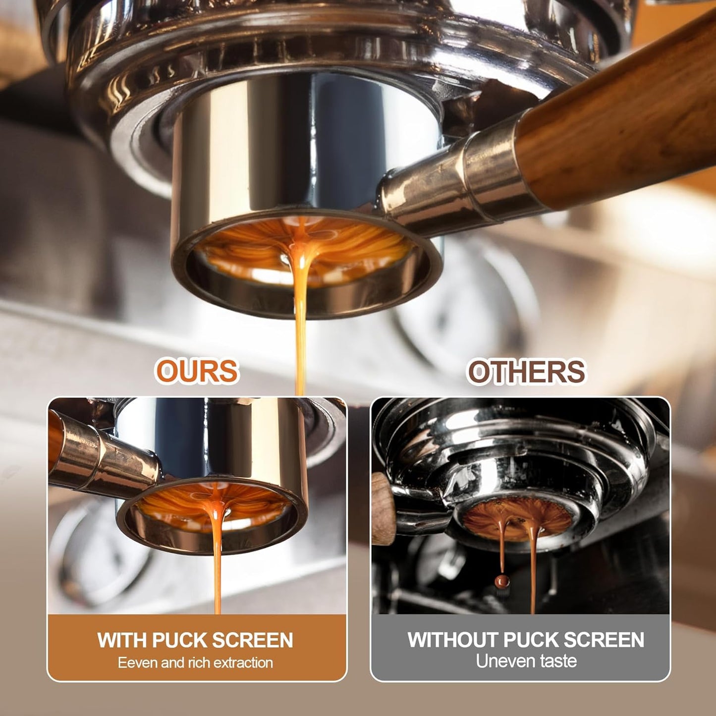 54 mm Bottomless Portafilter Compatible with Breville Barista Express Machines 3 Ears Espresso Portafilter with Puck Screen,Stainless Steel Porta filter, Rosewood Handle