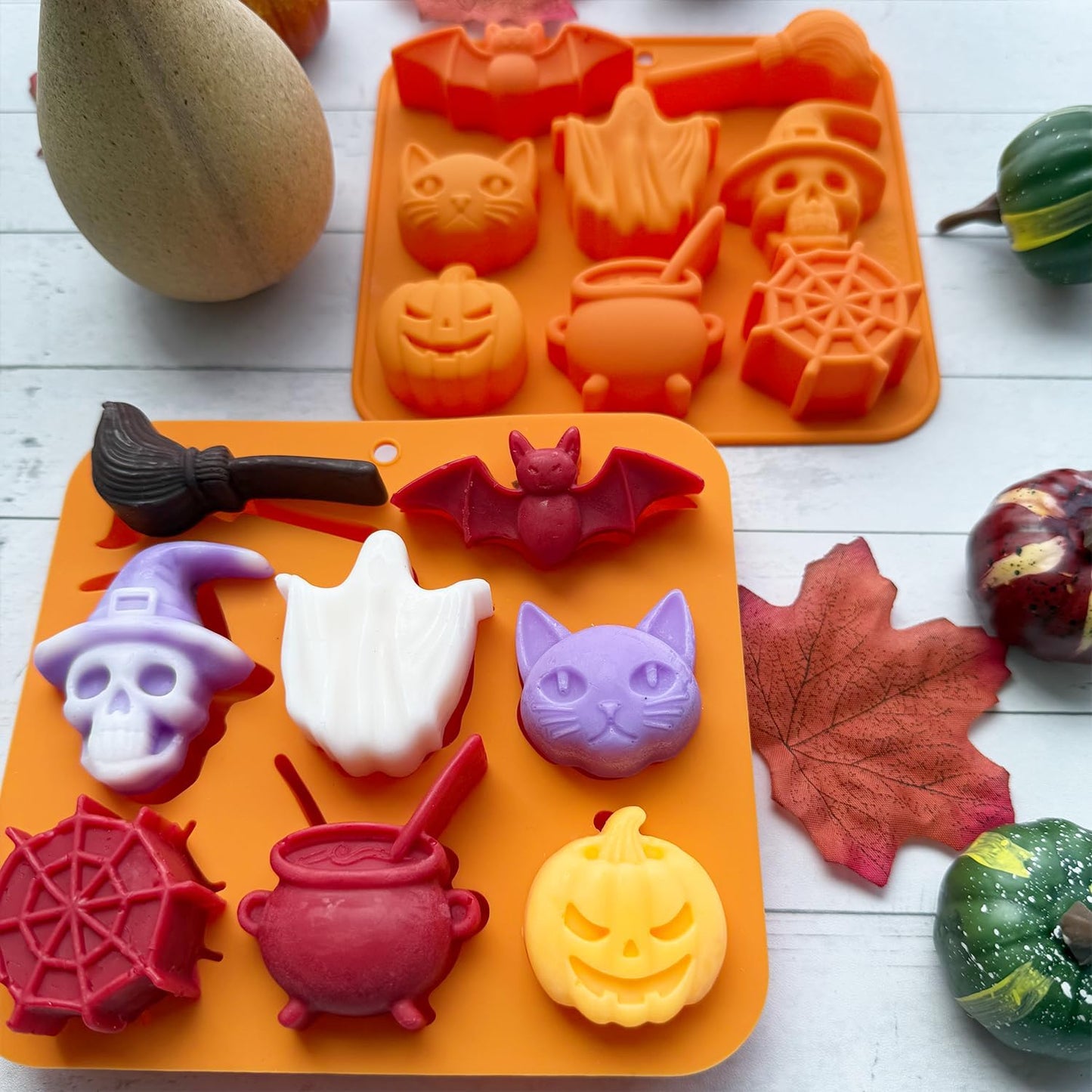 2 Pack Halloween Chocolate Candy Silicone Mold Halloween Molds Ghost Pumpkin Bat Skull Witch Hat Gummy Fondant Baking Mold for DIY Ice Cube Sugar Halloween Party Cupcake Cake Decorating
