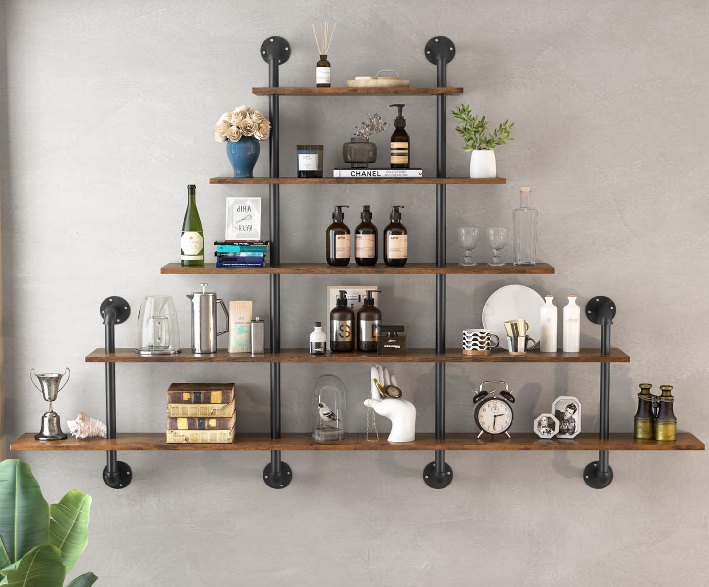 70" Industrial Pipe Shelving - 5 tier Rustic Solid Wood and Heavy Duty Metal Pipe Shelves for Wall,Kitchen Shelves Wall Mounted,Floating Bookshelf,Wall Shelves for Bathroom,Living Room,Coffee Bar