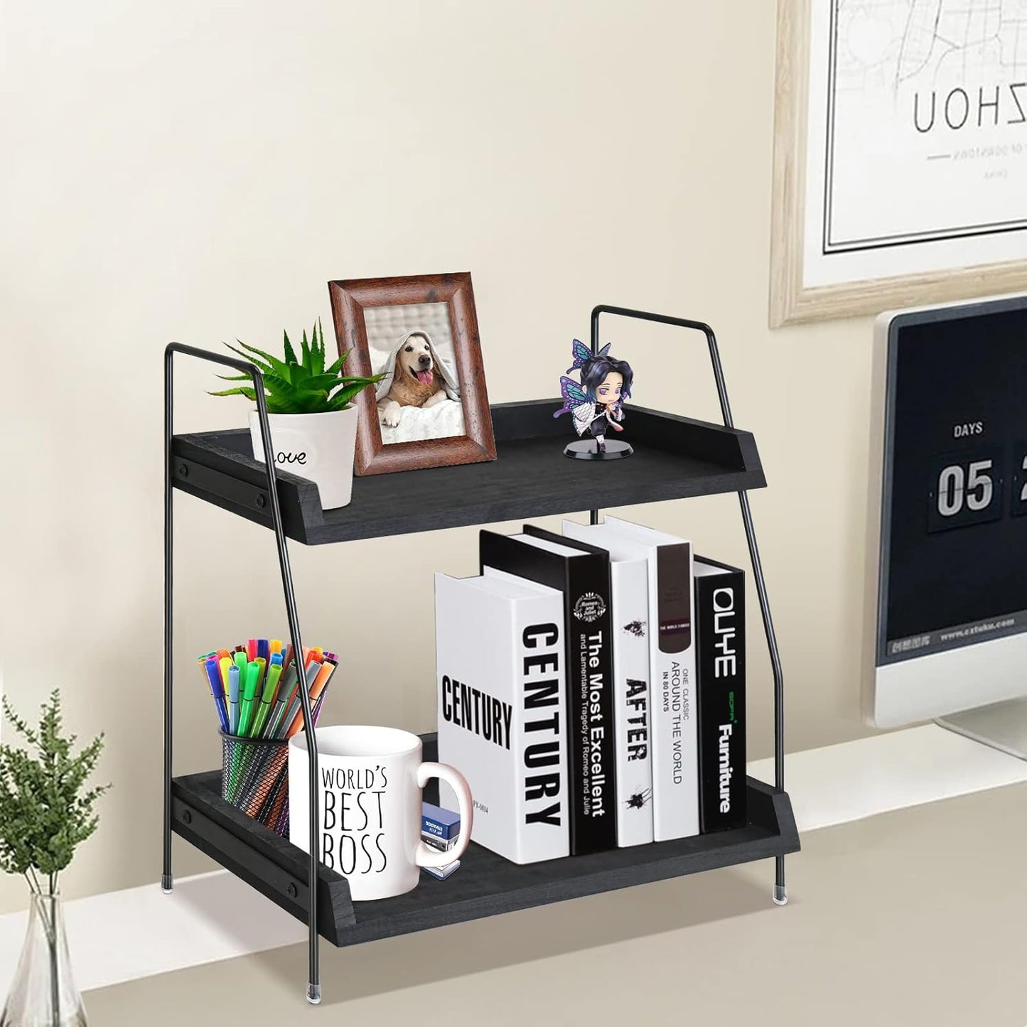 Yusepure Coffee Bar Accessories and Organizer Countertop, Coffee Station Organizer Kitchen Counter Shelf Organizer,Coffee Condiment Storage,Cup Lid Holder Countertop Shelf for Bathroom (Black)