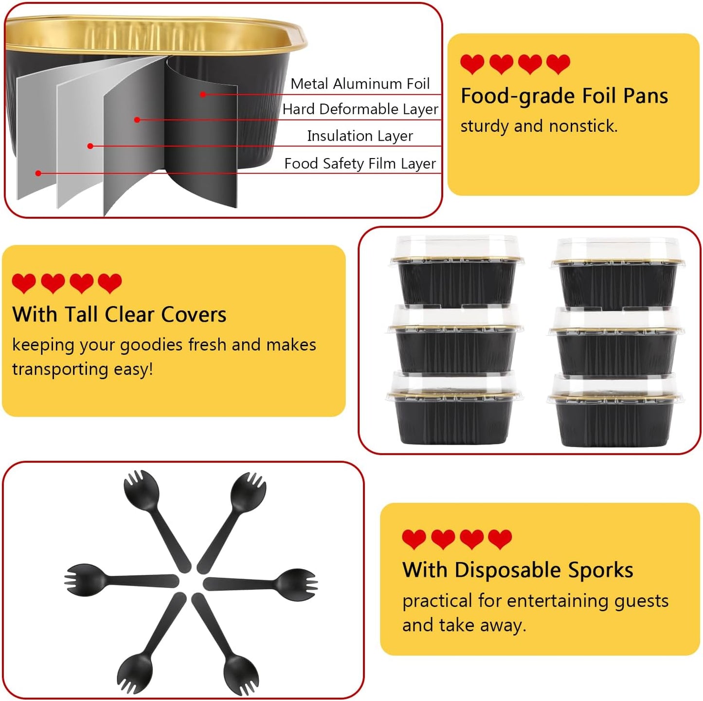 10oz/80pack Mini Cake Pans with Lids,LNYZQUS Small Foil Baking Tins Brownie Baking Cups,4”x4” Disposable Ramekins Jumbo Cupcake Muffin Pan Mini Aluminum Containers Holders-Black
