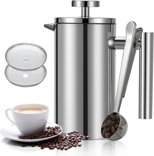 French Press Coffee Maker 34oz, Double-Wall Insulated French Press Stainless Steel 1L for travel camping, Included 2 Extra Screens and 1 Coffee Spoon （6-8cup 1000ml）