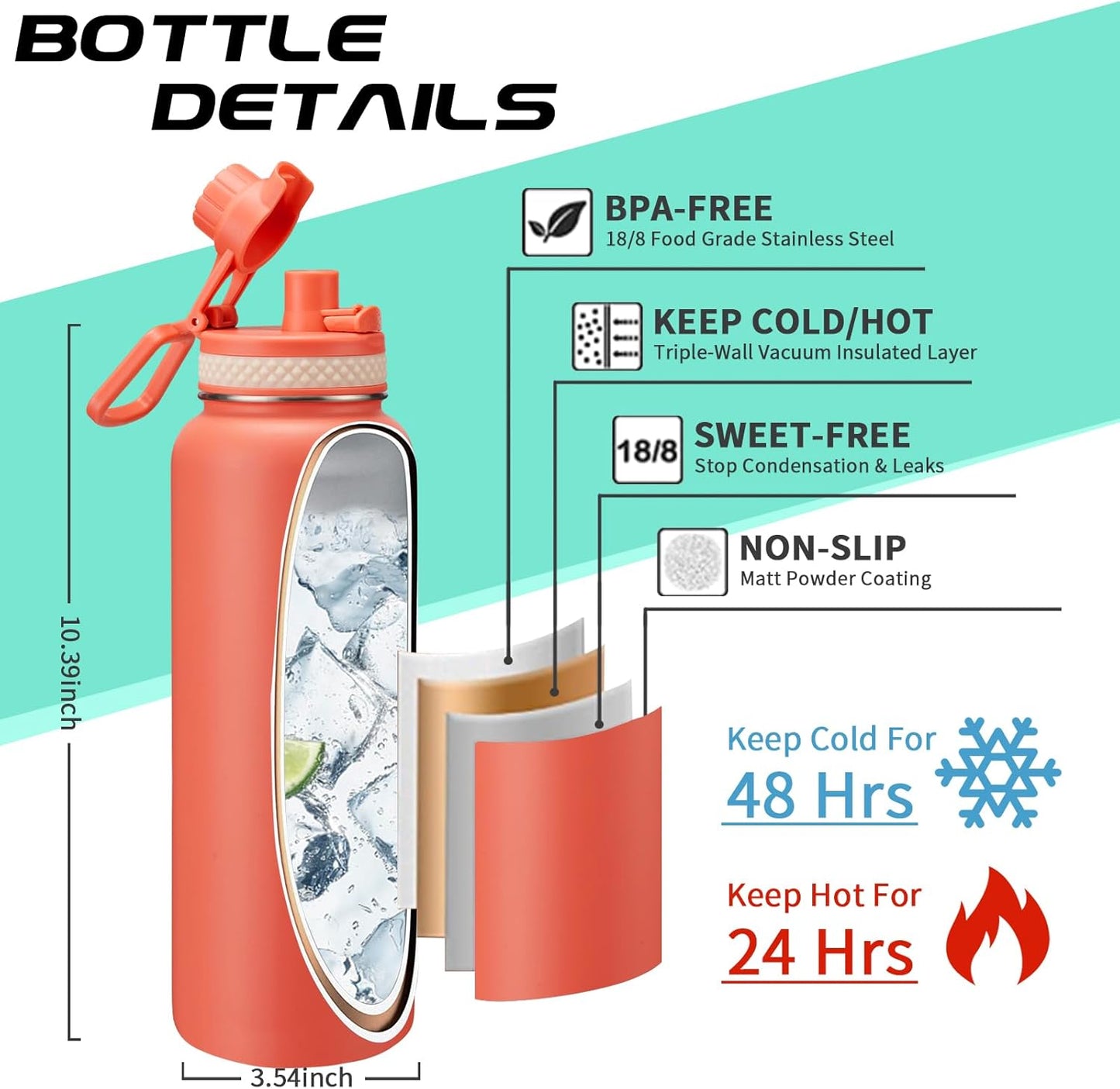 40 oz Stainless Steel Water Bottles with Straw and Auto Spout Lids, Wide Mouth Metal Thermo Bottles for Gym, Leak Proof & BPA-Free Water Flask Jug with Paracord Handle & Carrier Bag with Strap
