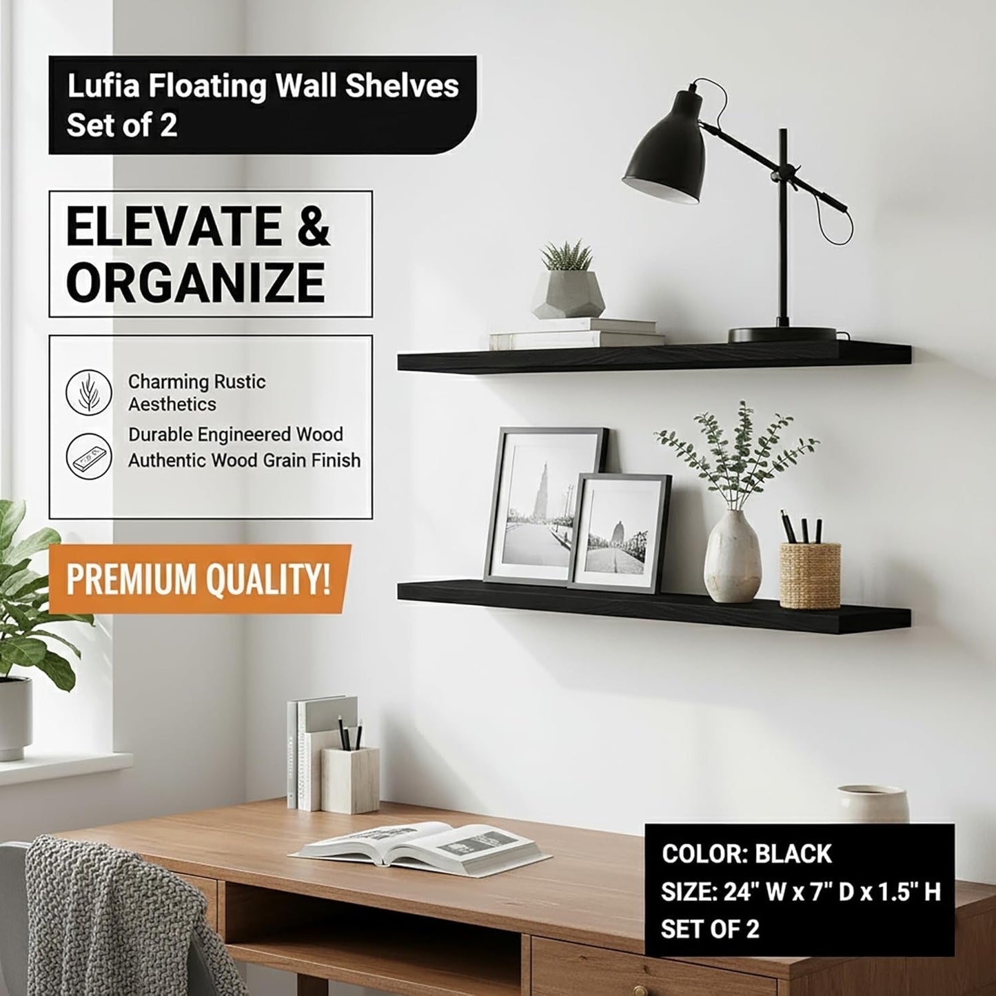 Lufia Floating Wall Shelves, Set of 2, MDF with Invisible Brackets, Modern Storage for Bedroom, Bathroom, Living Room, Kitchen (Black, 24" W x 7" D x 1.5" H)