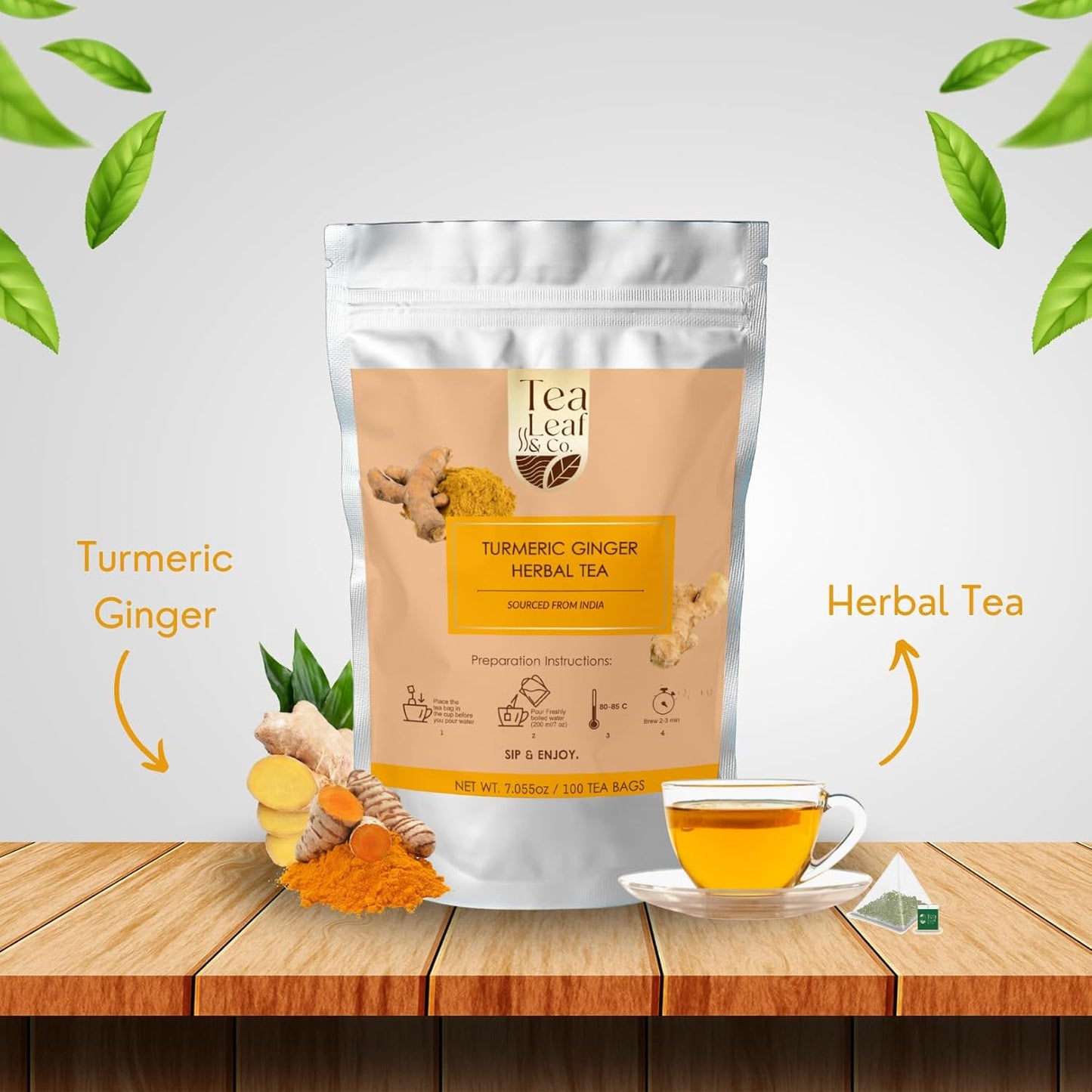 Tealeaf & Co. Turmeric Ginger Herbal Tea - Organic Ginger Turmeric Tea Bags with Fresh Herbs and Spices - Low Caffeine & Gluten Free - 100 Teabags (7.055oz/200gm)