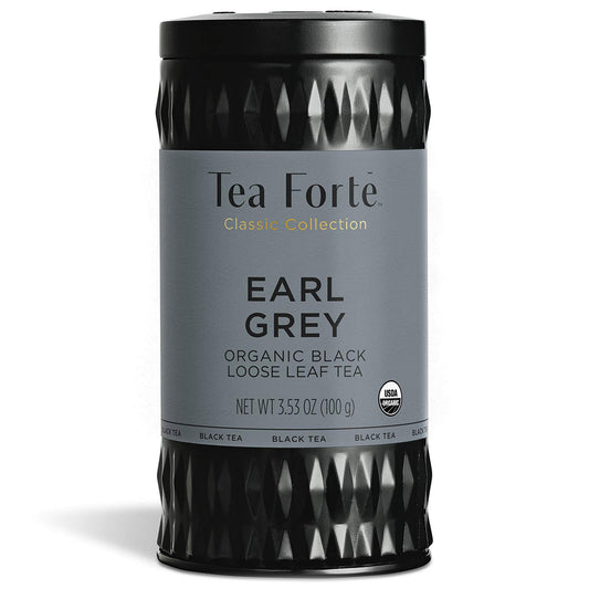 Tea Forte Earl Grey Premium Organic Loose Leaf Caffeinated Black Tea Blend Canister, Makes 35-50 Cups