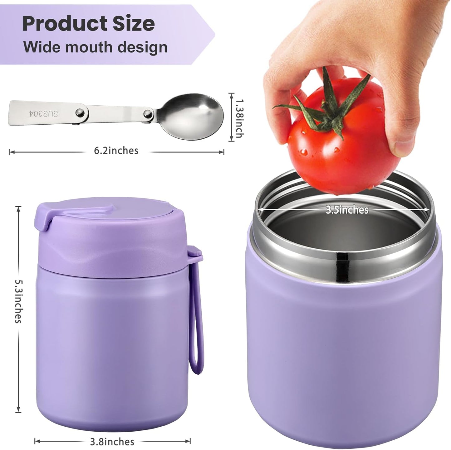 17oz Soup Thermo for Hot Food Kids,Insulated Food Jar with Spoon,Thermo Hot Food Lunch Container,Wide Mouth Leakproof Stainless Steel Lunch Box for School-Purple