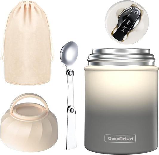 Soup Thermo for Hot Food & Drinks, Thermo Lunch Box for Kids, 17oz Vacuum Insulated Food Container with Spoon&&Drawstring Bag, Soup Therm for Adults,Black&White