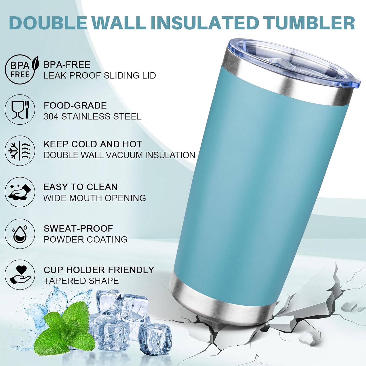 20oz Tumbler with Lid Double Wall Vacuum Insulated Travel Coffee Mug Stainless Steel Thermal Cup Powder Coated Sturdy Coffee Tumbler for Hot and Cold Beverage (Glacier blue,1)