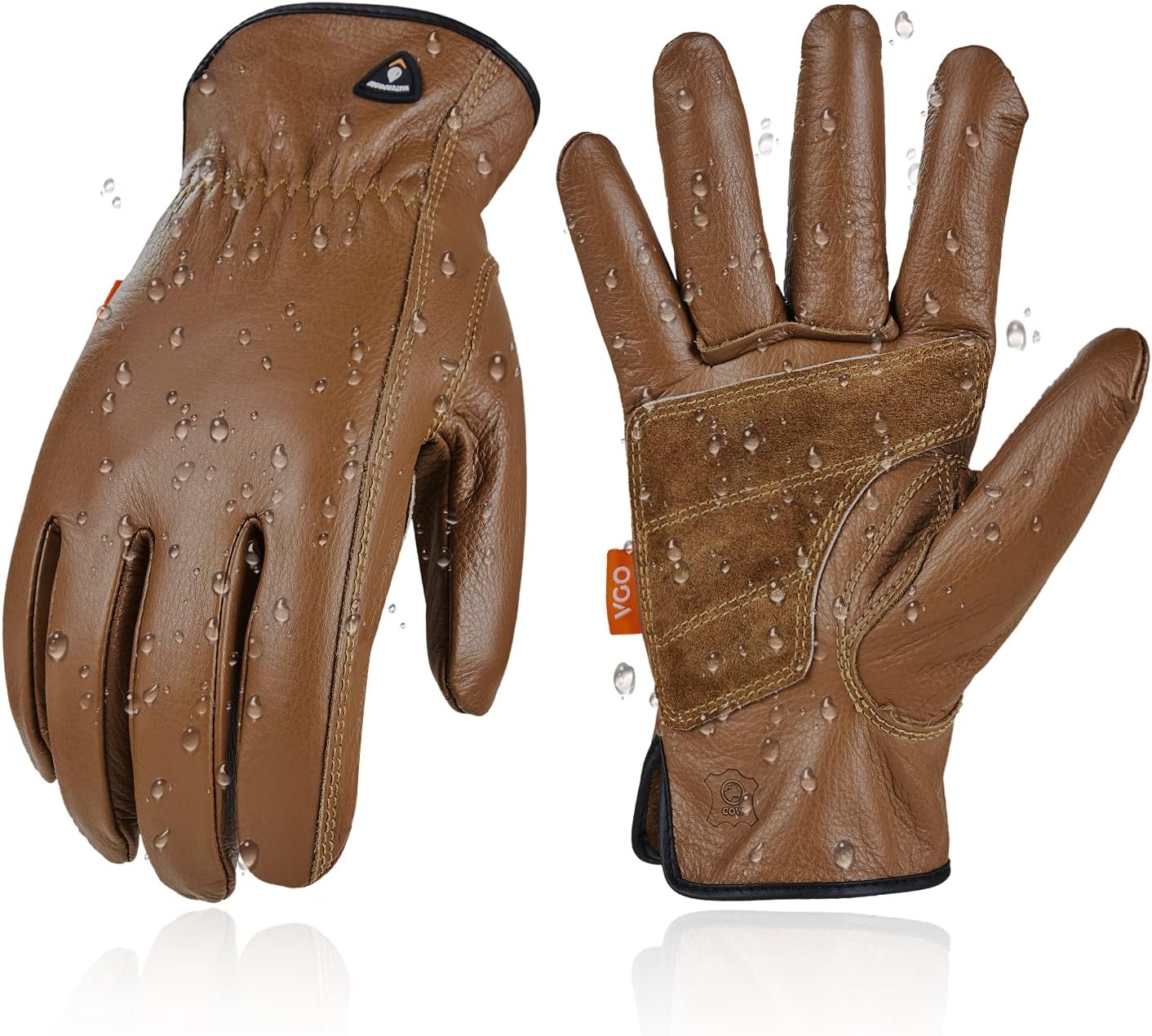 Vgo... 1-Pair Unlined Safety Cow Grain Leather Work Gloves Men, Rigger Gloves, Builder Gloves, Water Resistant, Palm Patched (Size M, Brown, CA9597WP)