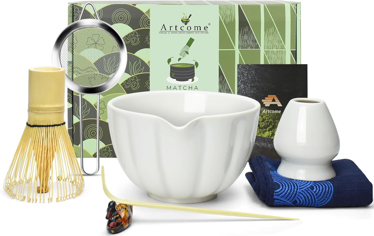 Artcome 7 Pcs Japanese Matcha Tea Set - Matcha Bowl with Pouring Spout, Matcha Whisk, Tea Scoop, Whisk Holder, Handmade Matcha Ceremony Kit For Japanese Tea Ceremony, Ivory