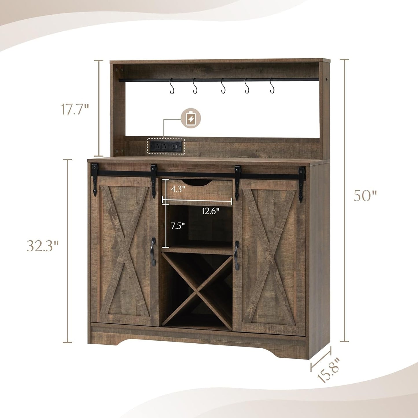 Wnutrees Farmhouse Coffee Bar Cabinet with Charging Station and USB Ports, Sliding Barn Door, 39" Kitchen Hutch Sideboard Buffet Storage Cabinet, Fits Kitchen Dining Living Room, Rustic Brown