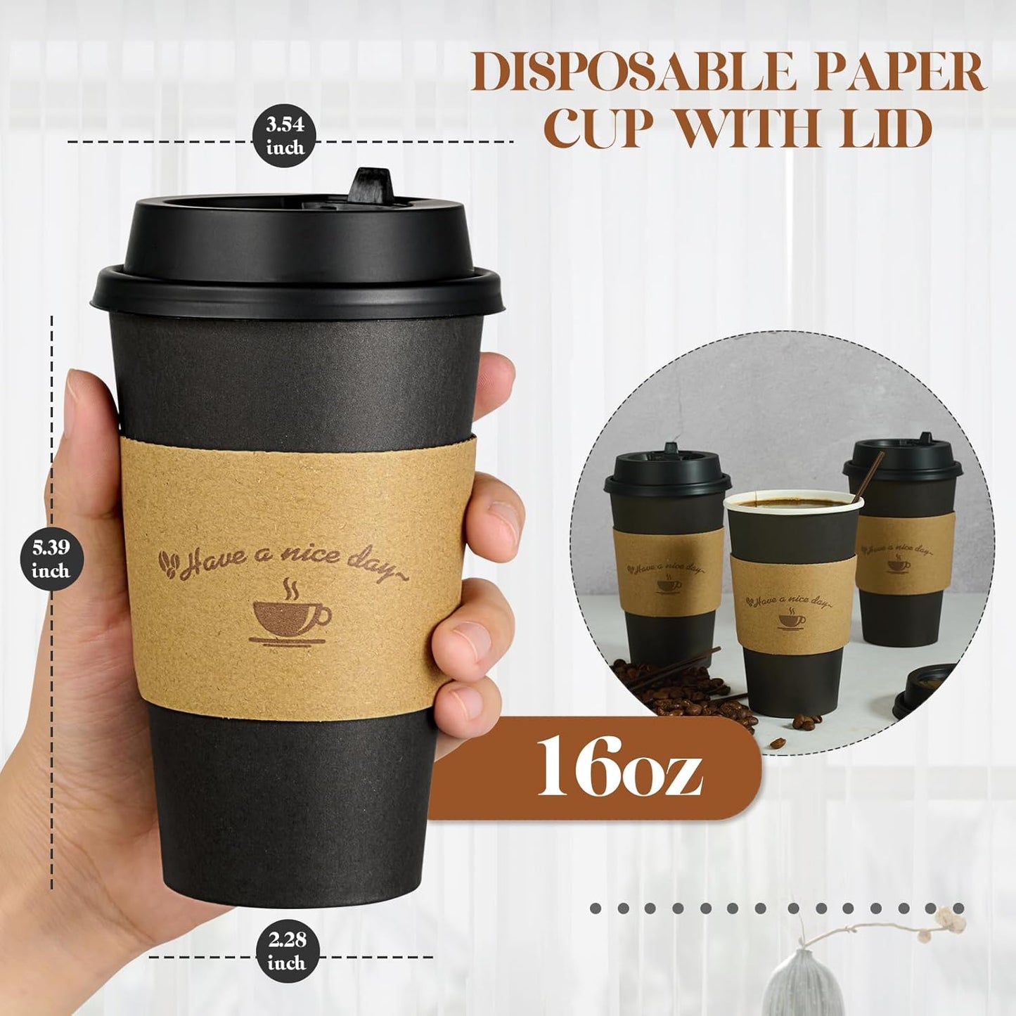 LITOPAK 100 Pack 16 oz Paper Coffee Cups with Lids, Black Disposable Coffee Cups with Lids, Sleeves and Stirring Sticks, for Parties, Picnic, Travel, and Events