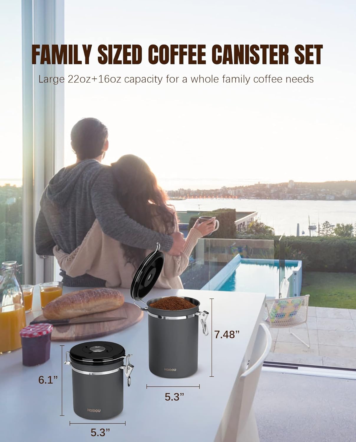 HAIOOU Airtight Coffee Canister, 22OZ +16OZ 2 Piece Stainless Steel Coffee Bean Storage Container with Date Tracker, Measuring Scoop, 6Pcs CO2 Valves, Mini Tongs for Coffee Bean, Grounds - Grey