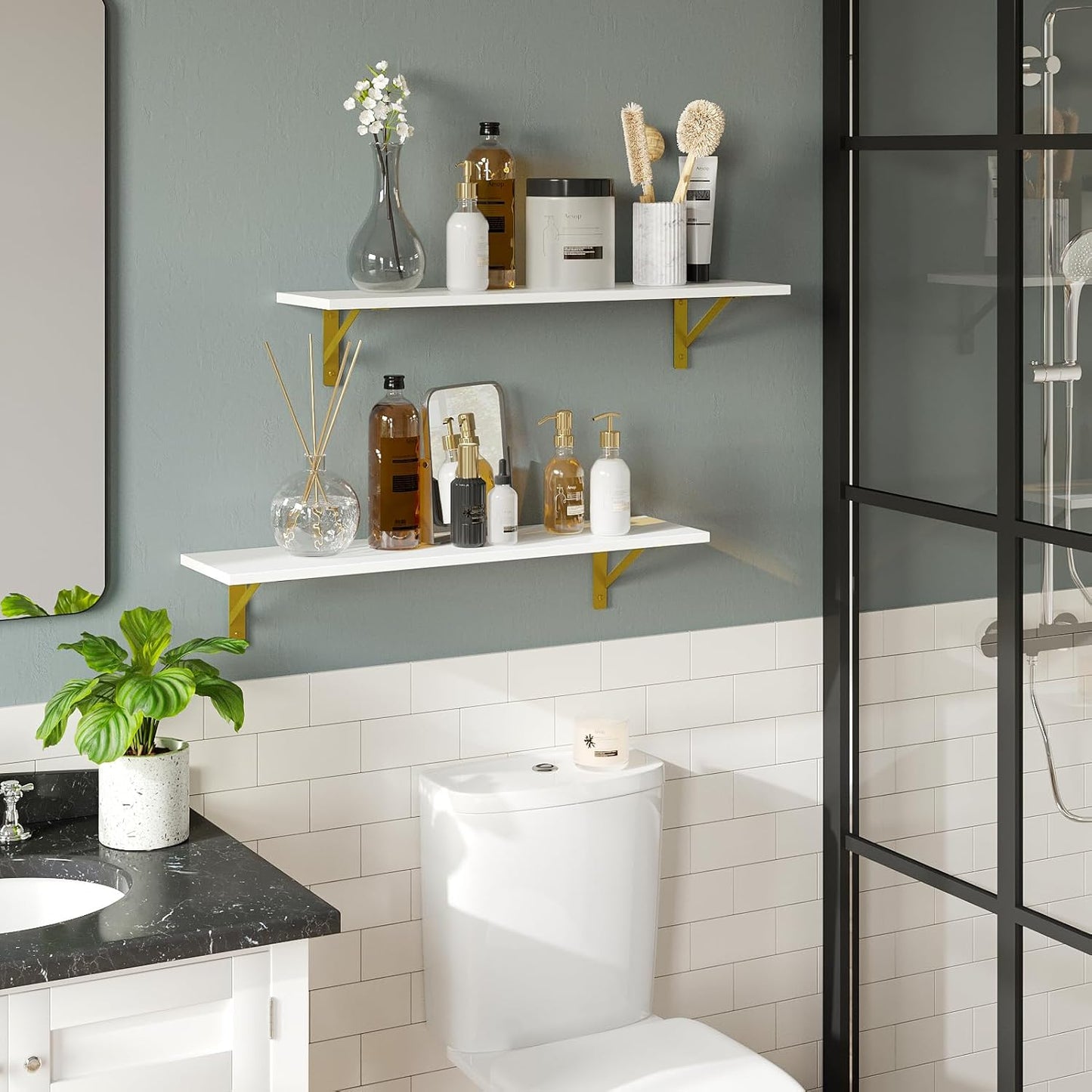 DINZI LVJ Long Wall Shelves, Set of 4, 31.5Inch Wall Mounted Shelves, Floating Shelves for Wall Storage with Metal Brackets, for Living Room, Bathroom, Bedroom, Kitchen, White and Gold