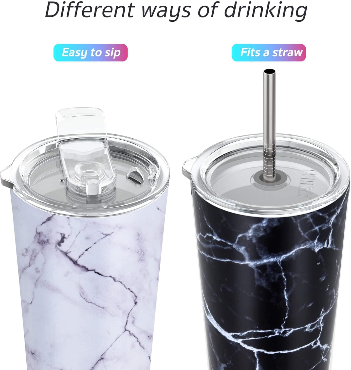 THILY Stainless Steel Vacuum Insulated Tumbler 26 oz Triple-Insulated Travel Mug with Splash-Proof Lid, for Iced Coffee and Hot Beverage, White Marble + Black Marble