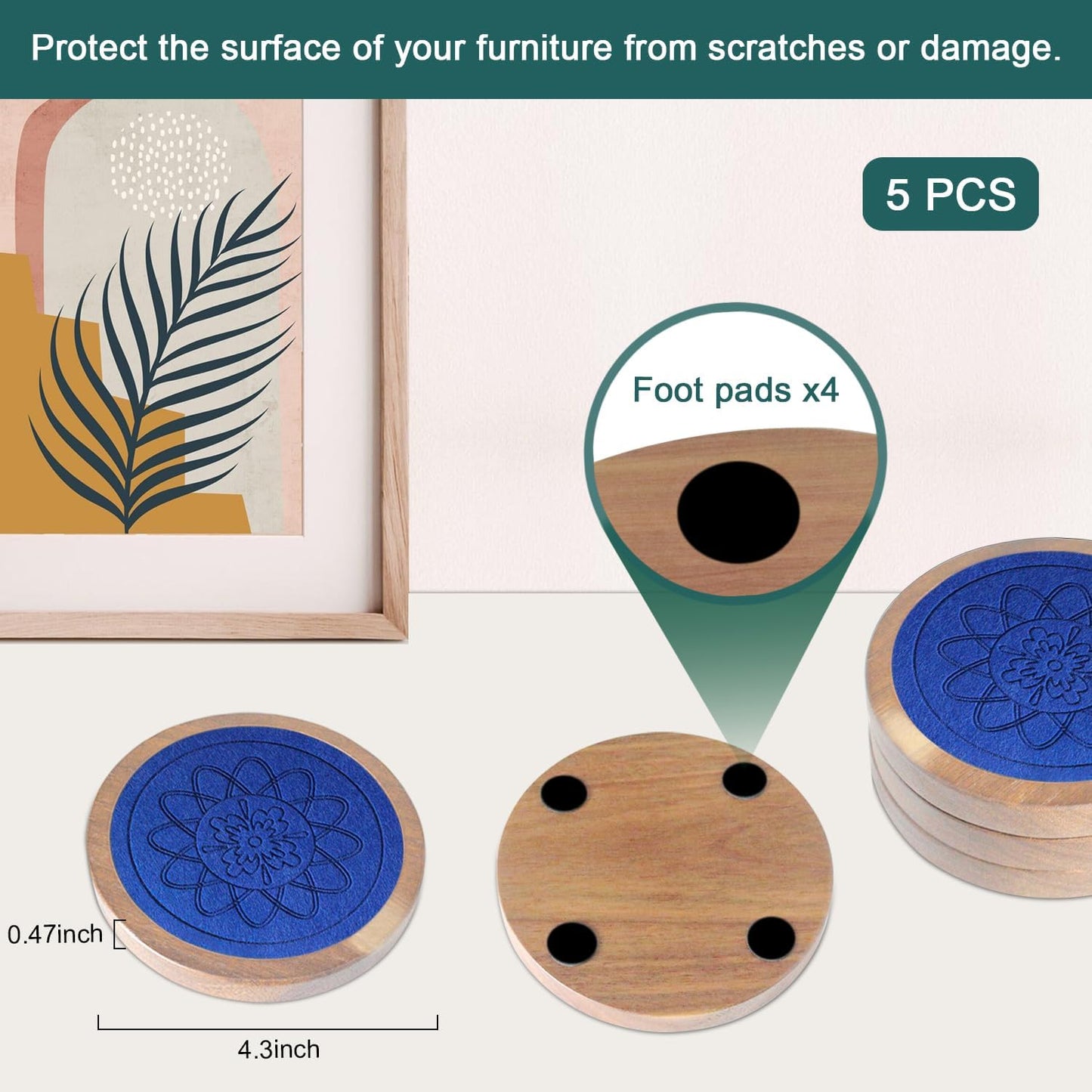 5 Pack Wood Coasters for Drinks, Minacun Absorbent Coaster Set, Drinks Coasters for Coffee Tabletop Protection, Non-Slip, Non-Stick, Suitable for Kinds of Cups Wooden Table Drink, 4.3 Inch Blue