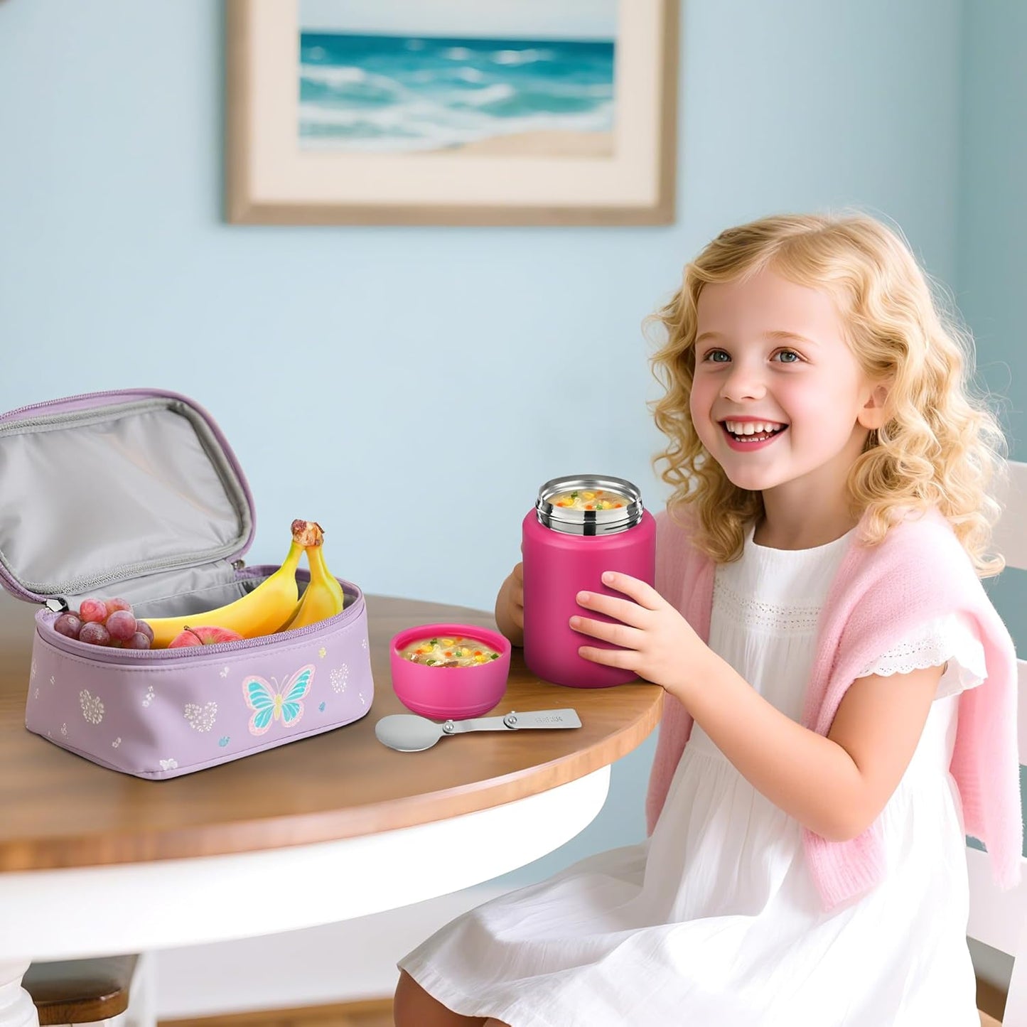 Soup Thermo for Hot Food Kids 16oz Insulated Food Jar Leakproof Thermo Lunch Container for Kids Wide-Mouth Stainless Steel Lunch Box for School with Handle Folding Spoon(3+)