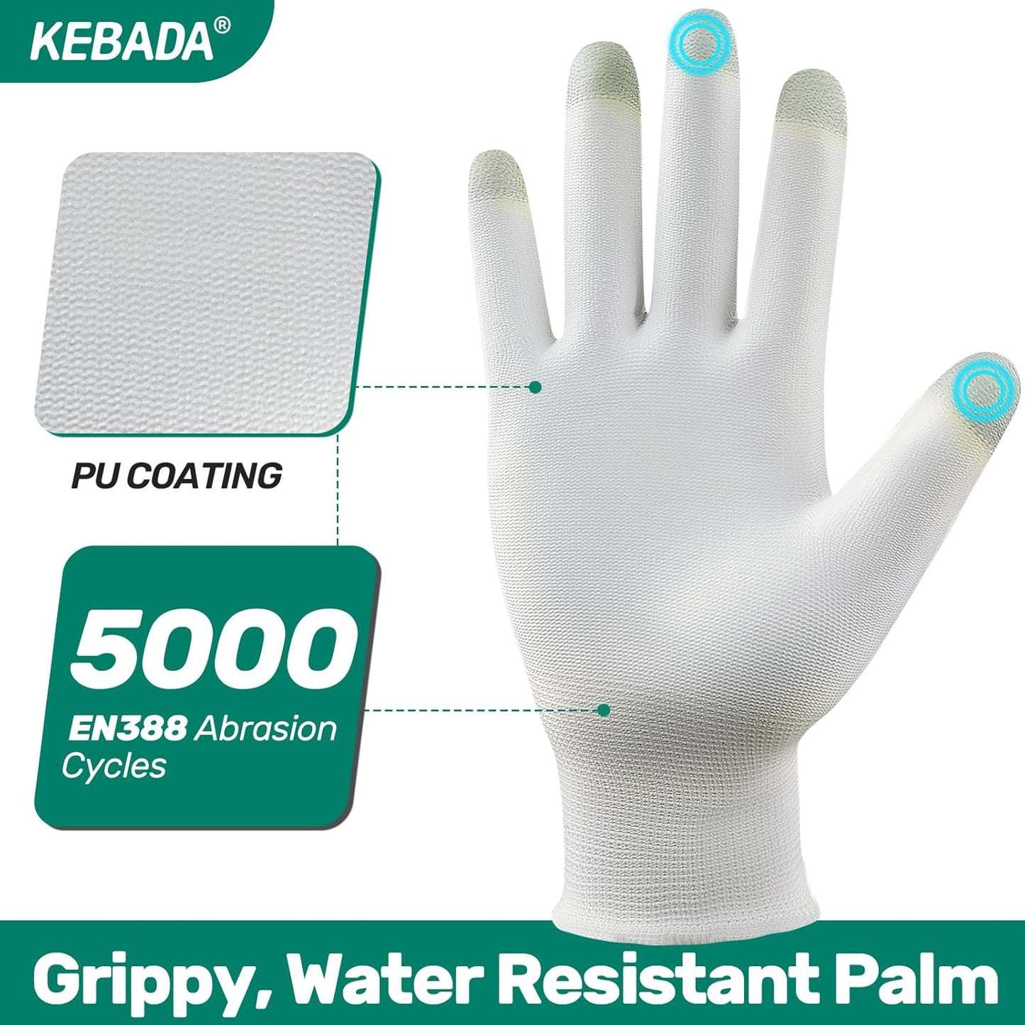 Kebada W1 Work Gloves for Men and Women, PU Coated Safety Gloves with Grip, Touchscreen, Ideal for Warehouse Package Handling, Construction, Gardening, White Medium