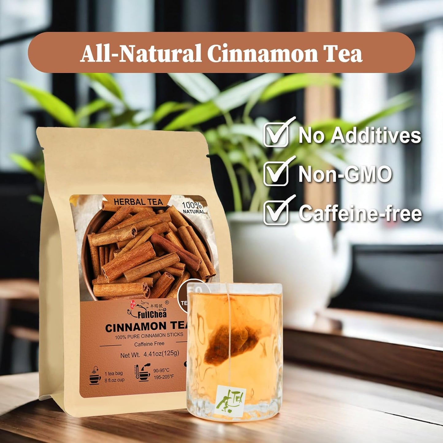 FullChea - Cinnamon Tea bags, 50 Teabags - Natural Cinnamon Sticks Tea for Relaxation - Caffeine-free - Support Better Sleep
