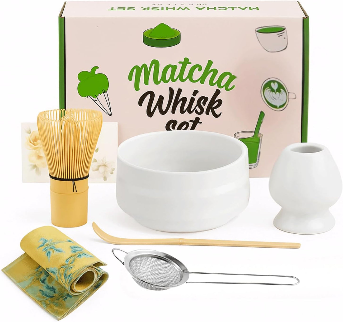 Matcha Whisk Set with Matcha Bowl, Matcha Bamboo Whisk, Scoop, Sifter, Matcha Whisk Holder Unique Gifts for Women Men Girl Friend Home Kitchen Decor Gifts for Christmas, Birthday, matcha kit