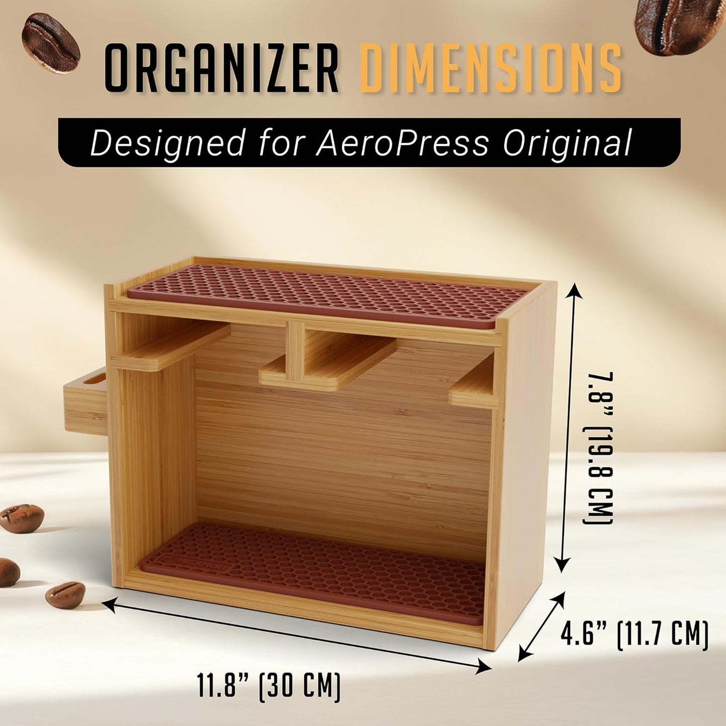 HEXNUB – Bamboo Organizer for AeroPress, Coffee Caddy Station Holds AeroPress Coffee Maker, Accessories, Filters, Cups, Stand includes Dripper Mats (Brown)
