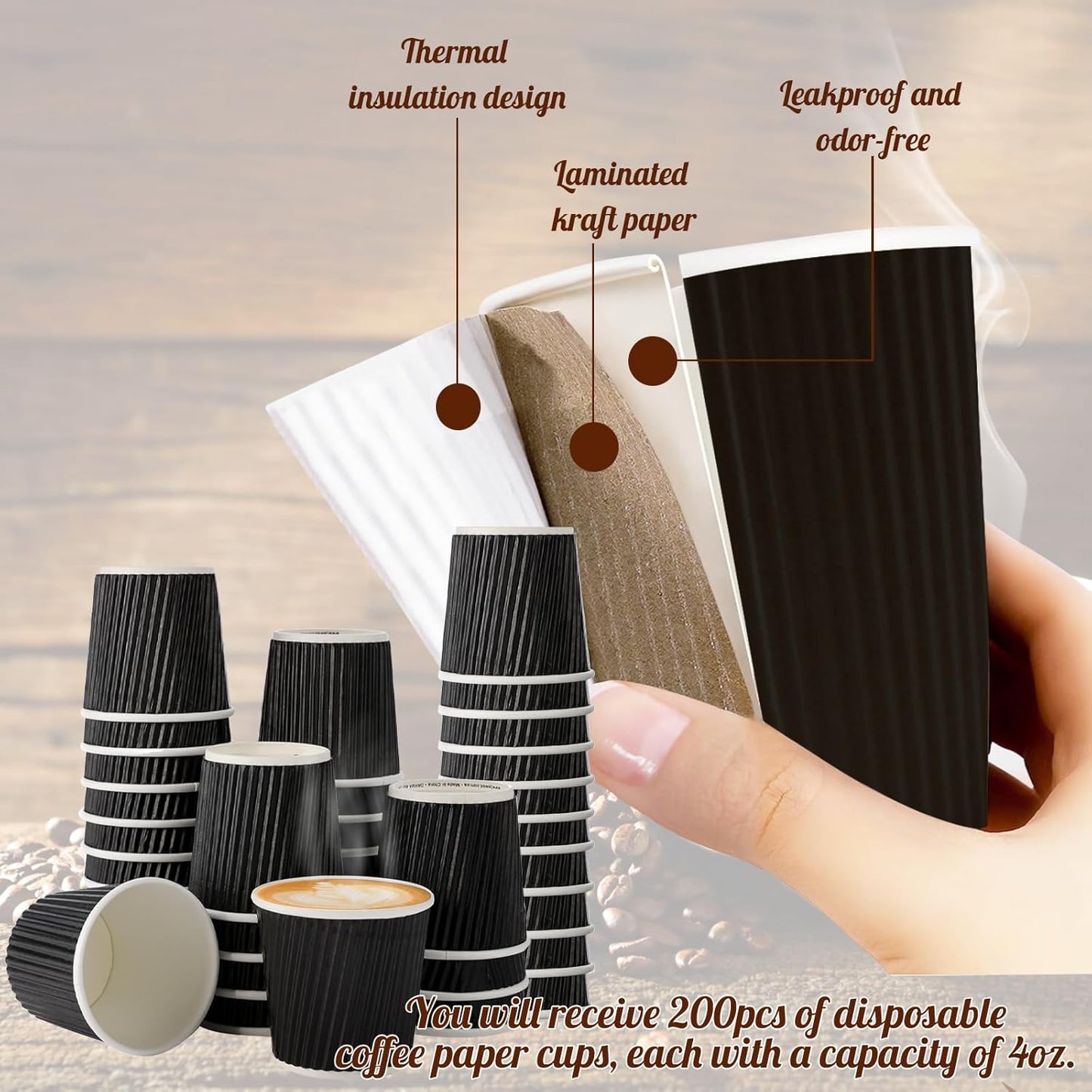 200 Pcs 4oz Paper Espresso Cups Ripple Wall Hot Cups For Coffee Disposable Coffee Cup Paper Hot/Cold Drinking Cups for Party, Picnic, Travel and Events (Black)