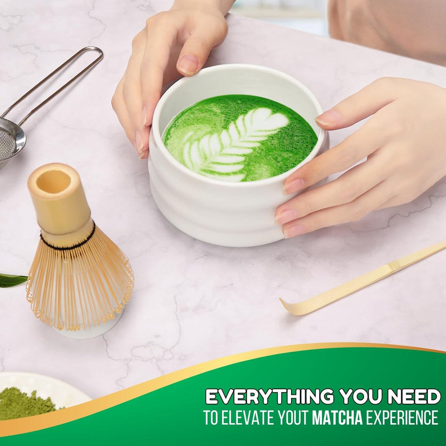 Matcha Whisk Set with Matcha Bowl, Matcha Bamboo Whisk, Scoop, Sifter, Matcha Whisk Holder Unique Gifts for Women Men Girl Friend Home Kitchen Decor Gifts for Christmas, Birthday, matcha kit