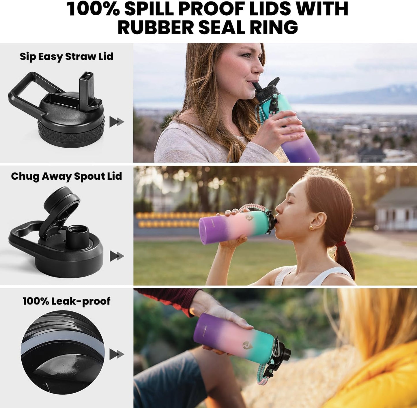 Insulated Water Bottle 40 oz, Triple Wall Vacuum Stainless Steel (Cold for 48 Hrs), Leak Proof & BPA-Free, Modern Water Flask Jug with Paracord Handle & Straw Spout Lids, Hydrangea