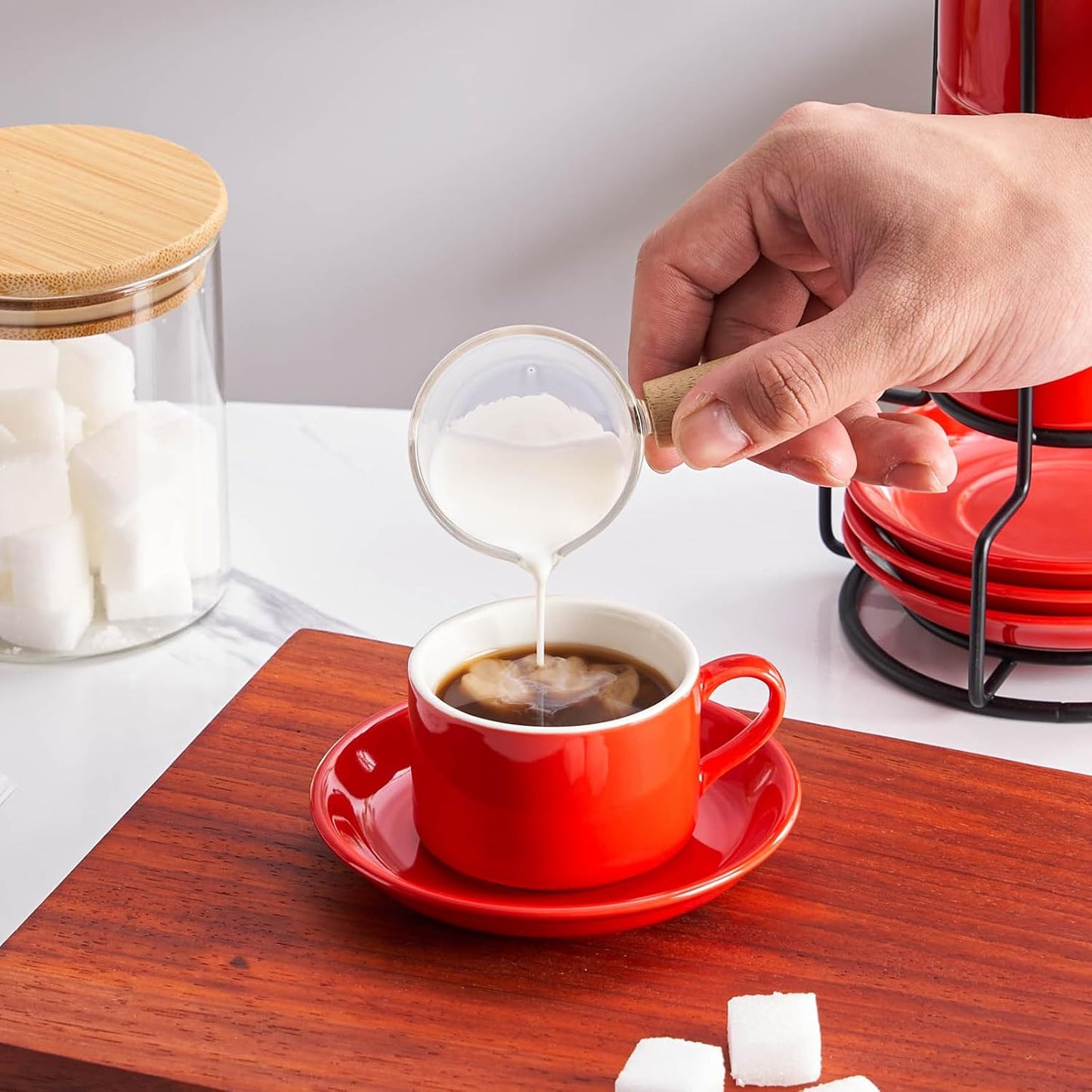 4oz Porcelain Stackable Espresso Cups with Saucers and Metal Stand Set of 4, Stackable Cappuccino Cups, Red Expresso Shots Cup Set for Coffee Drinks, Latte, Americano, Tea