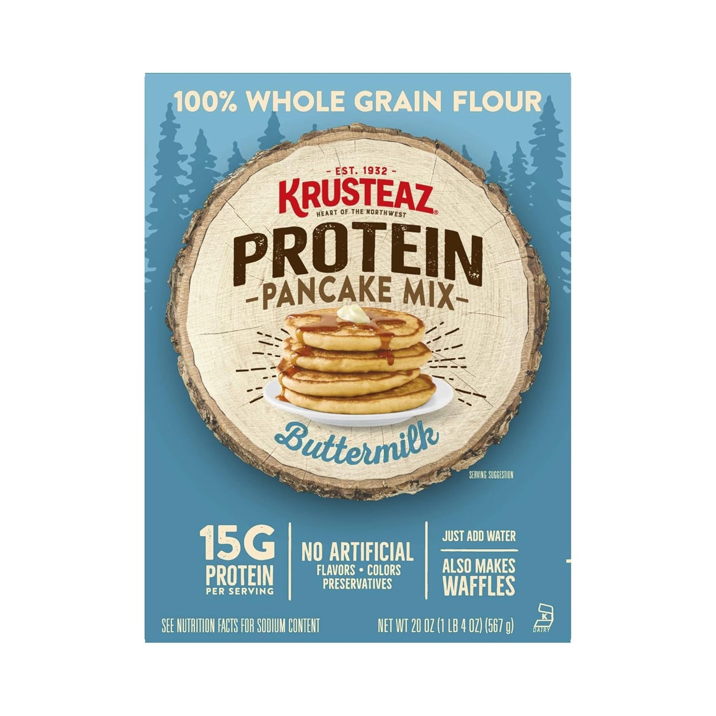 Krusteaz Protein Pancake Mix, Buttermilk Pancake Mix, 100% Whole Grain Flour & 15g of Protein Per Serving, Also Makes Waffles, Just Add Water (1.25 Pound (Pack of 4))