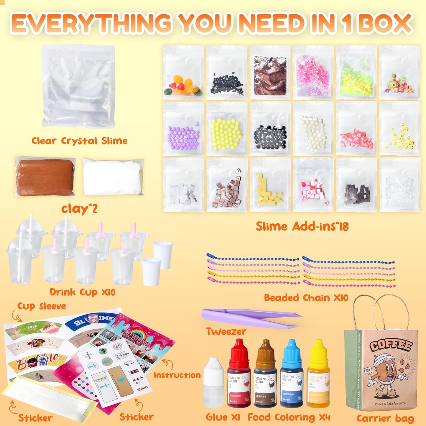 Miniature Cafe & Boba Tea Slime Making Kit for Girls Ages 8-12, 53PCS Mini Coffee & Bubble Tea Dessert Cup, DIY Pretend Play Food Set, Kitchen Toys, Birthday Party Gift for Kids 6 7 9 10 11