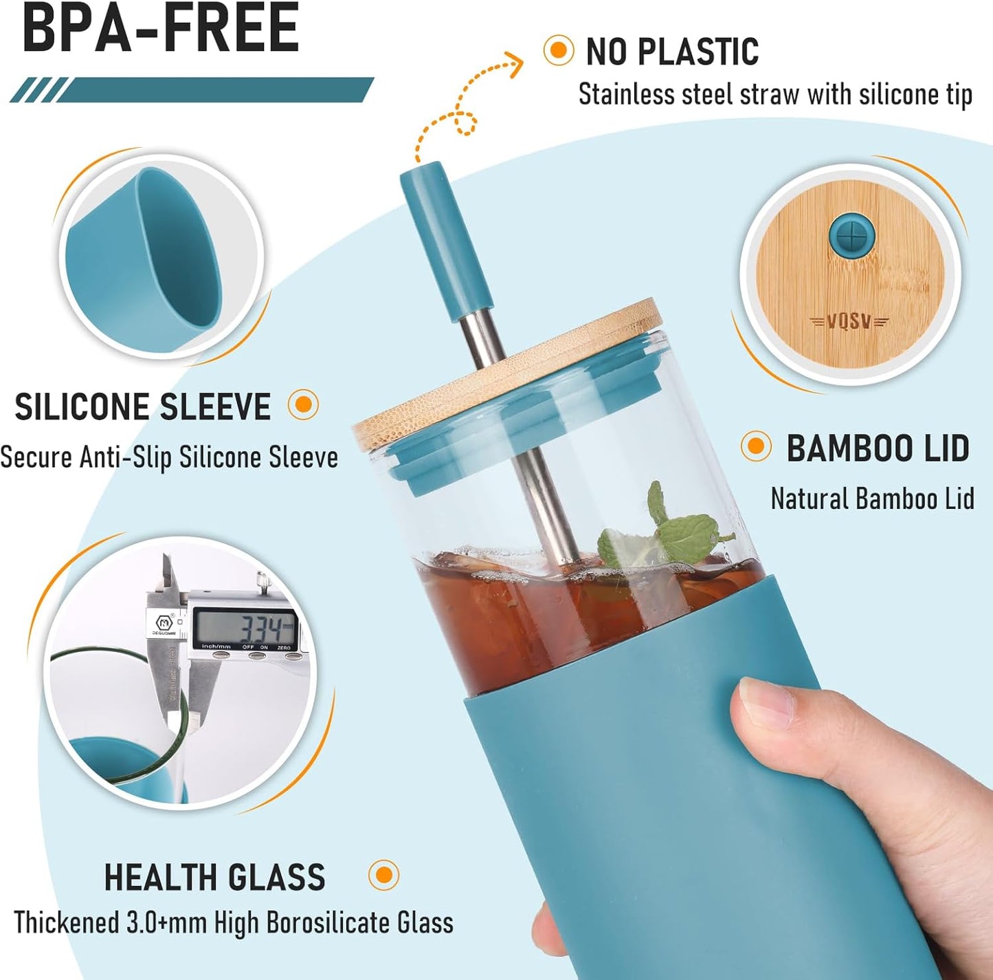 2Pack Glass Tumbler w/Lid &Straw - 24oz Reusable Glass Mug/Bamboo Lid & Stainless Steel Straw -BPA Free, Leak-Proof, Dishwasher Safe for Coffee, Smoothies, Hot Beverage, Travel, Office, Home Use