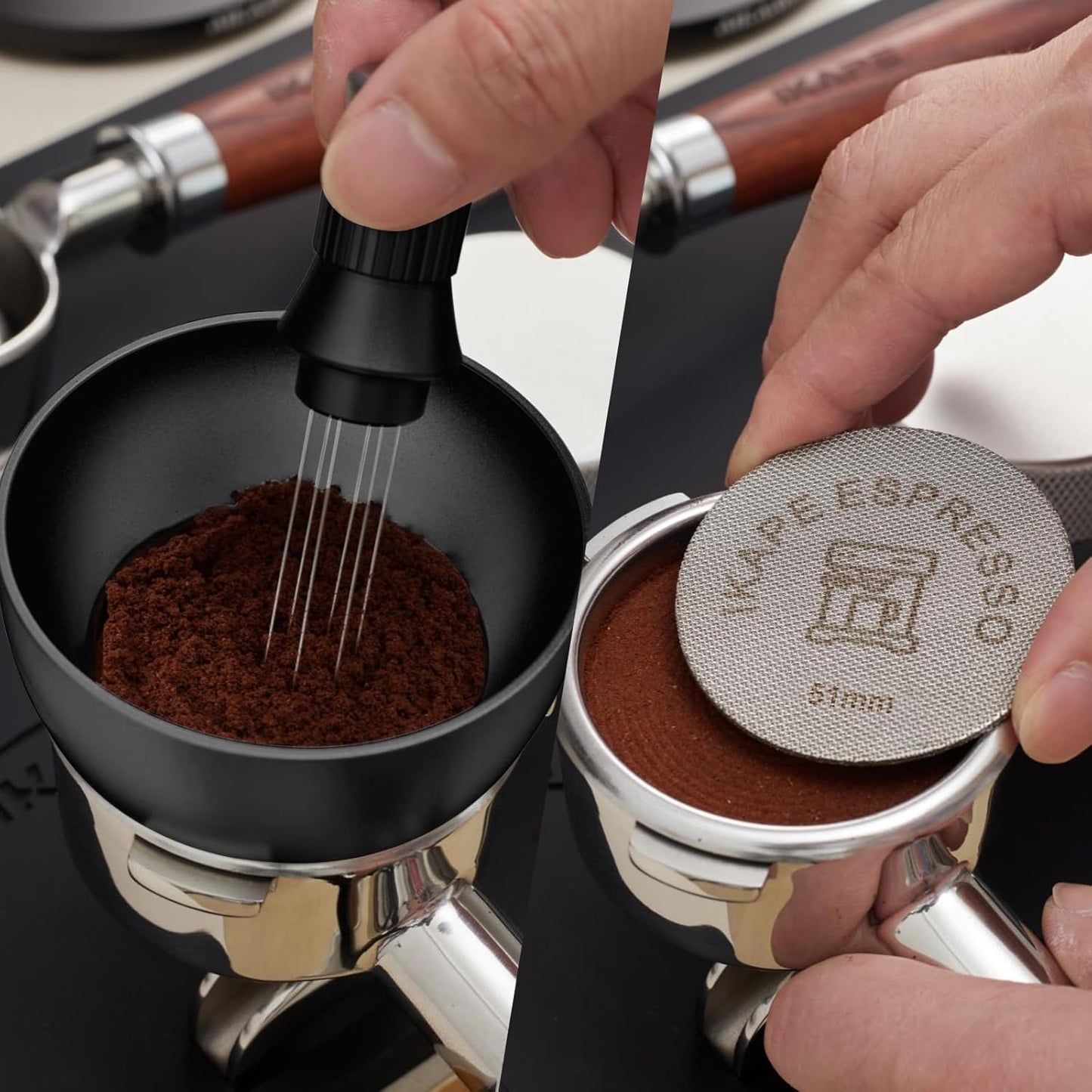 IKAPE Magnetic Dosing Funnel Set, 51MM Espresso Dosing Ring & Puck Screen Kit Compatible with Delonghi 51MM Bottomless Portafilter - with 8 Small Magnet (Black)