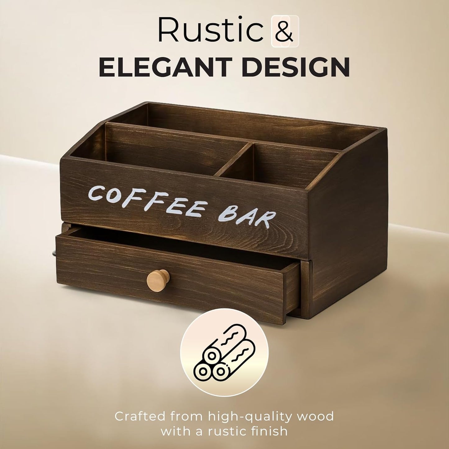 Coffee Station Organizer for Countertop with Pod Storage Drawer - Coffee Bar for Home, Kitchen, Dining Area, Office & Breakroom - Natural Wood, 3 Compartments, 2-tier, Rustic Brown