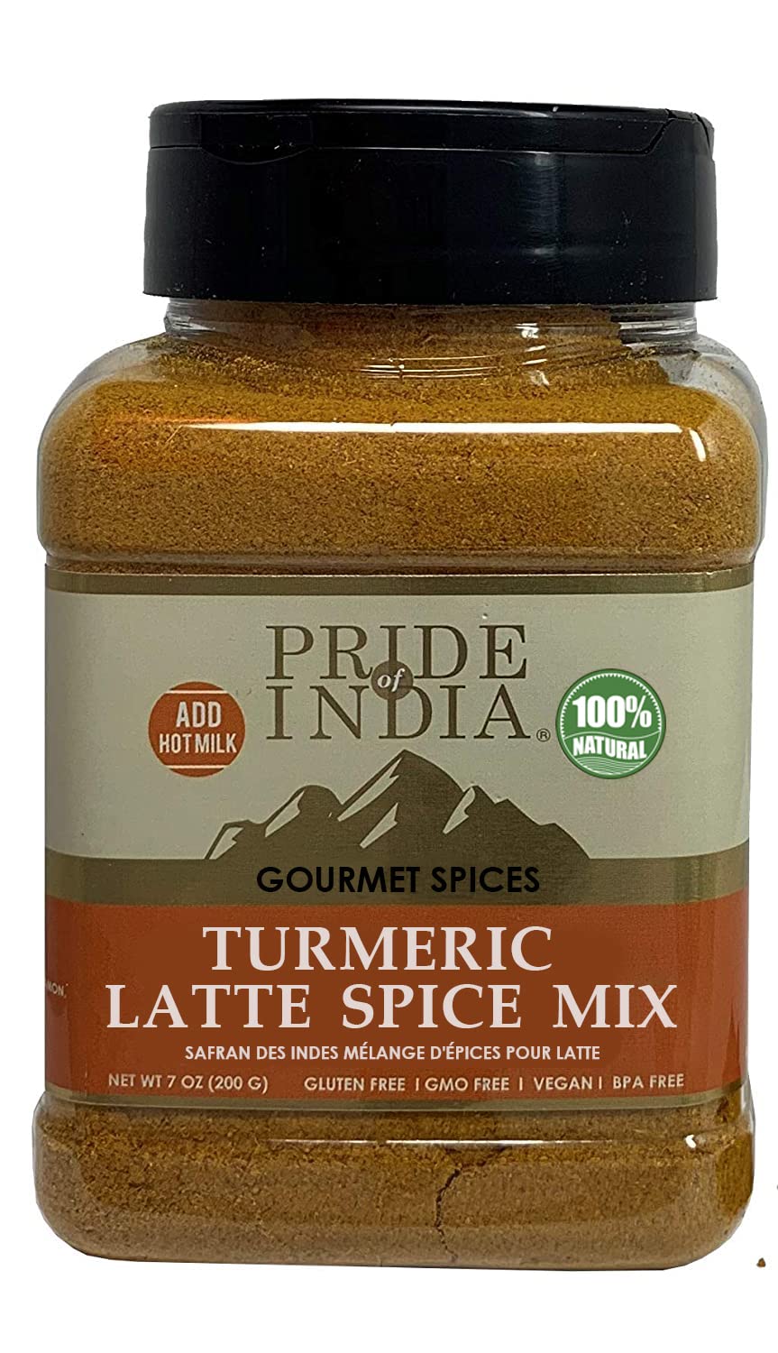 Pride of India – Turmeric Latte Spice Mix – Gourmet & Warm Tea Spice Blend – Healthy/Gluten-Free – Ideal for Lattes/Smoothies/Golden Milk – Easy to Store – 7 oz. Medium Dual Sifter Bottle
