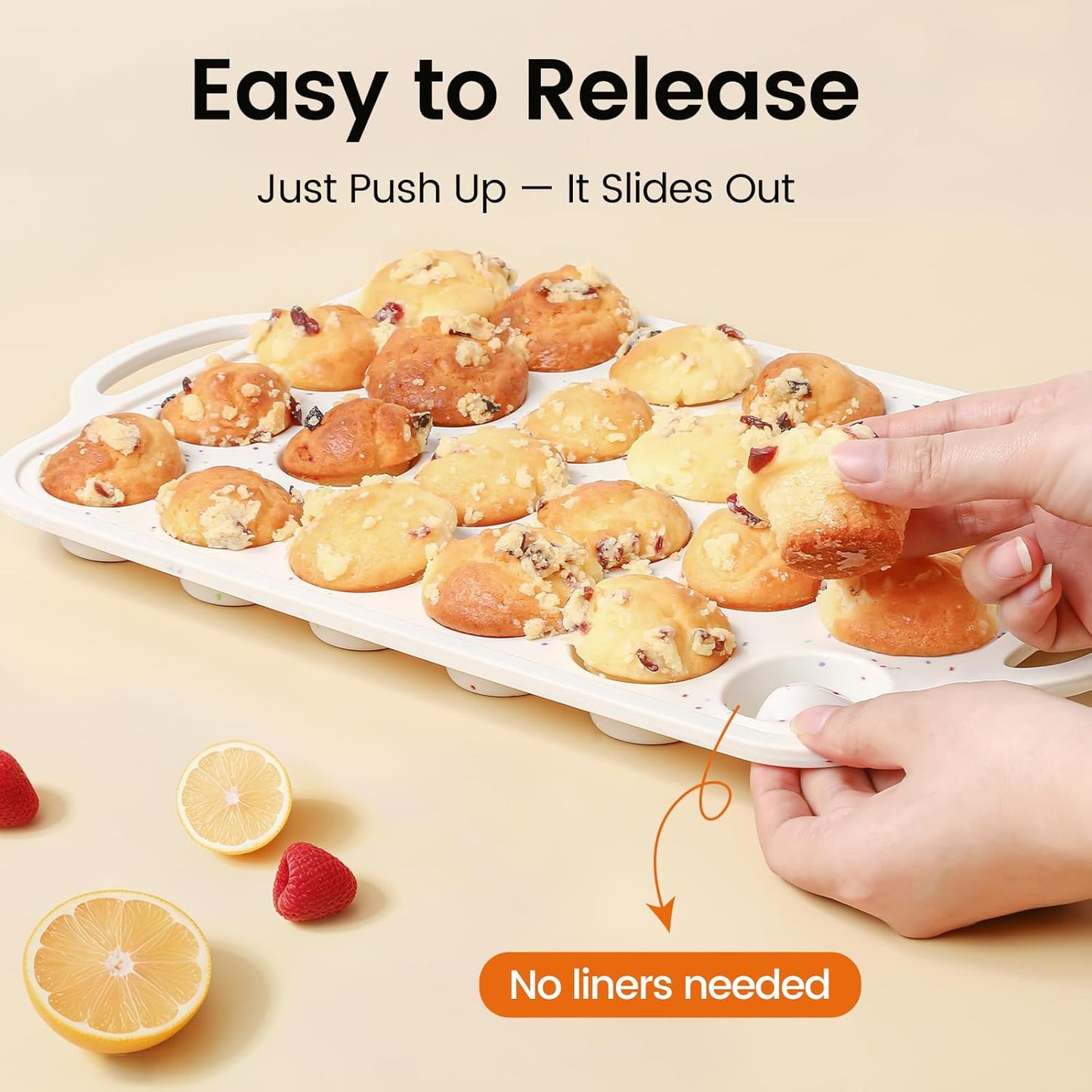 Muffin Pans With Metal Reinforced Frame - 24 Cups Durable Silicone Baking Pan for Muffins, Cupcakes, BPA Free and Dishwasher Safe - Beige with Rainbow Spots, Set of 2