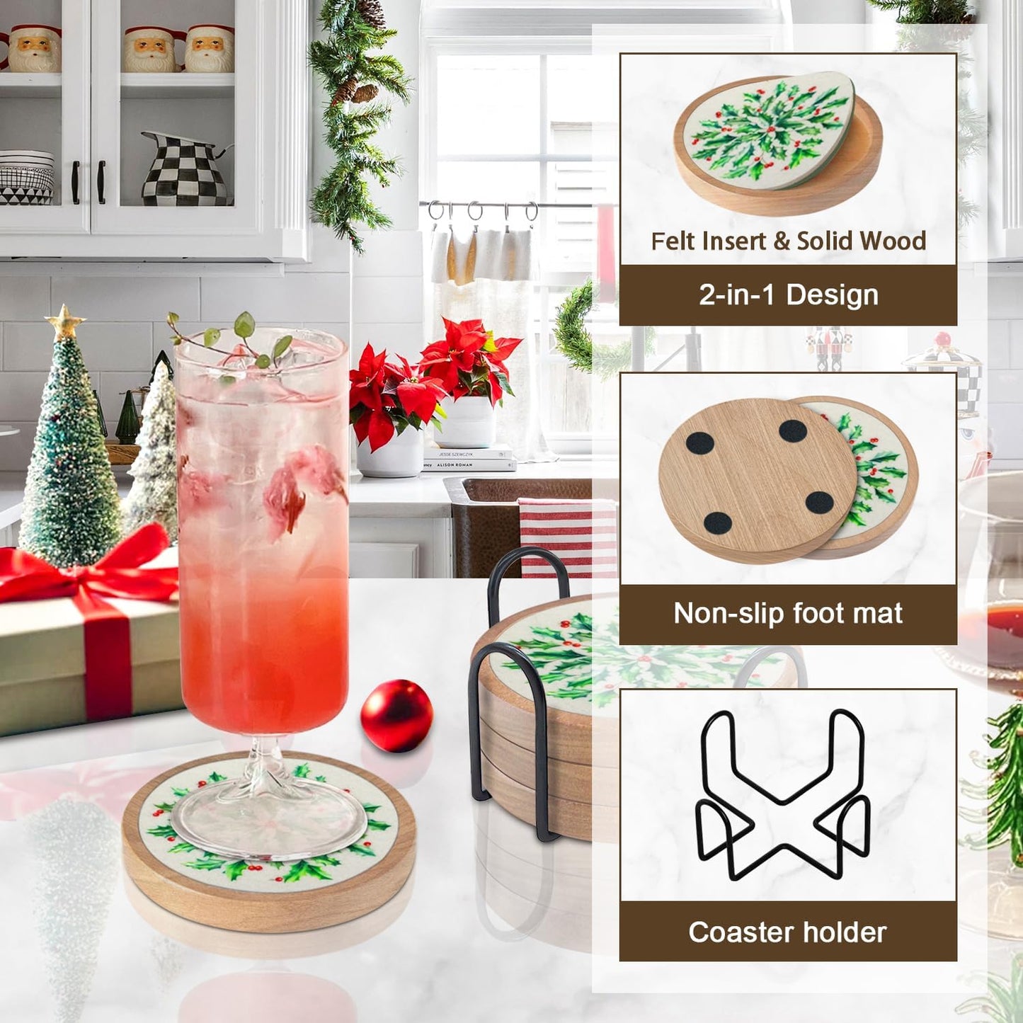 Christmas Coasters Set of 4 with Holder, Cewiru Cup Mat for Drinks, Absorbent Coasters with Felt Insert for Coffee Table Protection, Modern Style Home Dining Table Decor, 4.3"