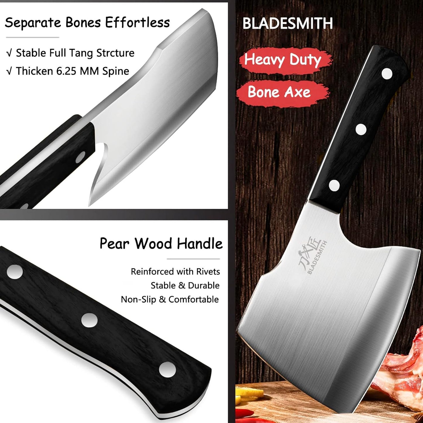 BLADESMITH Bone Cleaver Knife, Full Tang, Heavy Duty use, for Big Bones and frozen meat, Axe Blade Shape, 2lbs -7mm Thickness high Carbon Steel, Black wood Handle,2025 Gifts