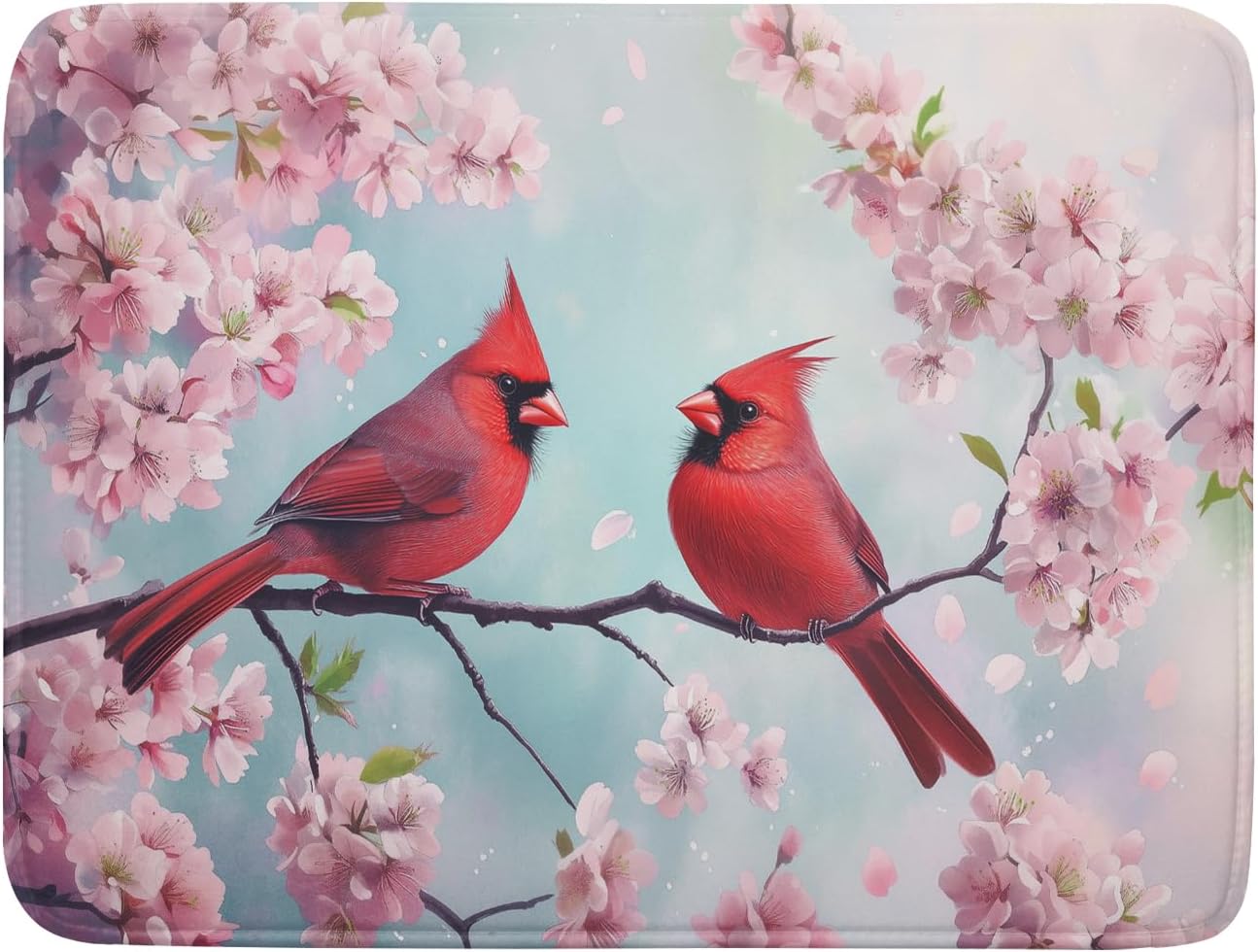 Giwawa Spring Birds Dish Drying Mat, Cherry Blossom Red Birds Dish Drainer Mats for Kitchen Countertop, Watercolor Floral Absorbent Reversible Dish Drying Pad Decor, 18x24inches, Large
