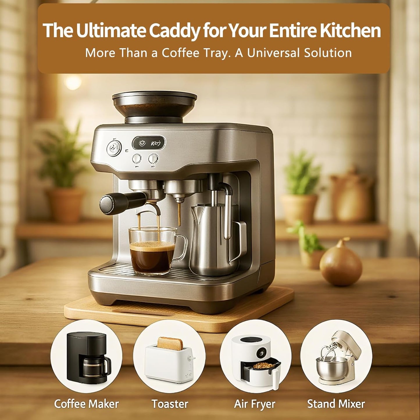 Bamboo Appliance Slider|13"D x 16"W Sliding Tray for Coffee Maker on Countertop|Heavy-Duty Coffee Pot Slider Tray & Kitchen Caddy for KitchenAid Mixer, Air Fryer