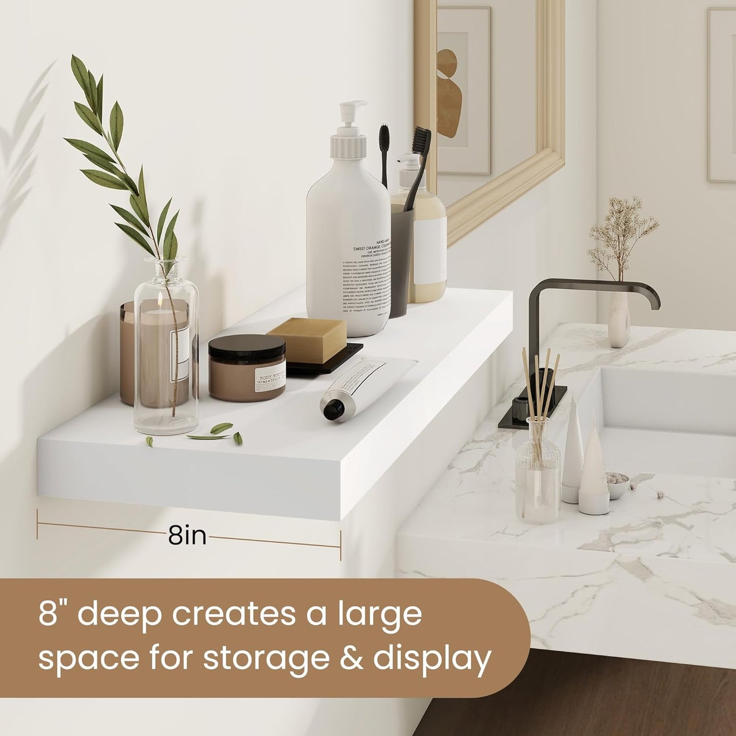 Fun Memories Rustic Floating Shelves for Home Decor, 8 Inch Deep Floating Shelf, Solid Wood Floating Wall Shelves 24 Inch Long, Deep Wall Shelves for Bathroom, Living Room, White Finsh, Set of 2