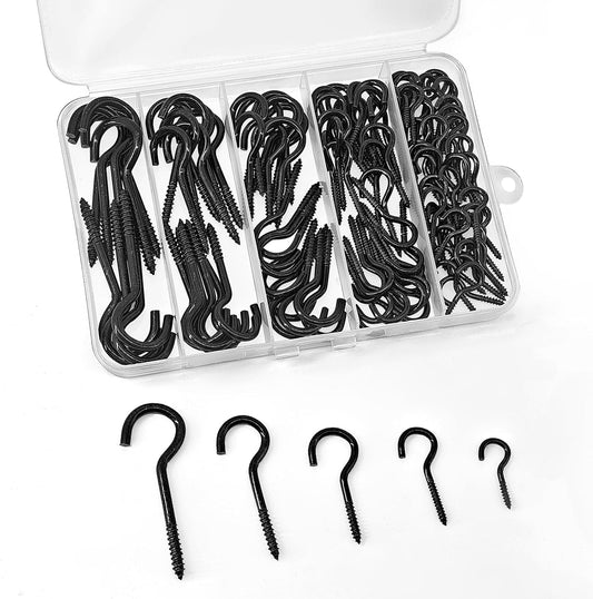 125 Pcs Screw Hooks in 5 Sizes – Cup Hooks for Hanging Plants, Mugs, Lights, and Ceiling Storage (Black)