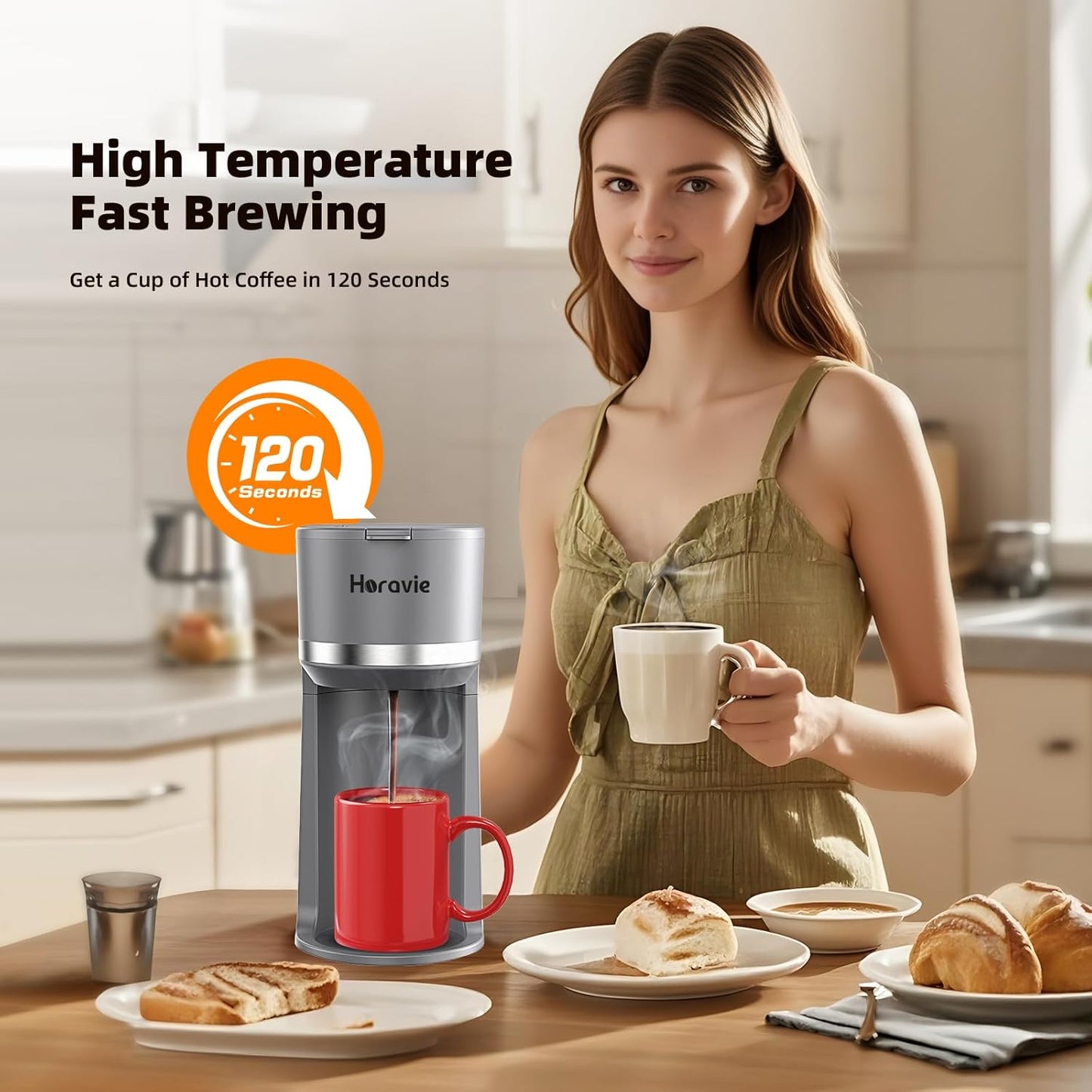 Mini Single Serve Coffee Maker for K Cup and Ground Coffee, Fast Brew One Cup Coffee Machine with Descaling Reminder and Water Window, 6 to 12 oz. Brew Sizes, Grey