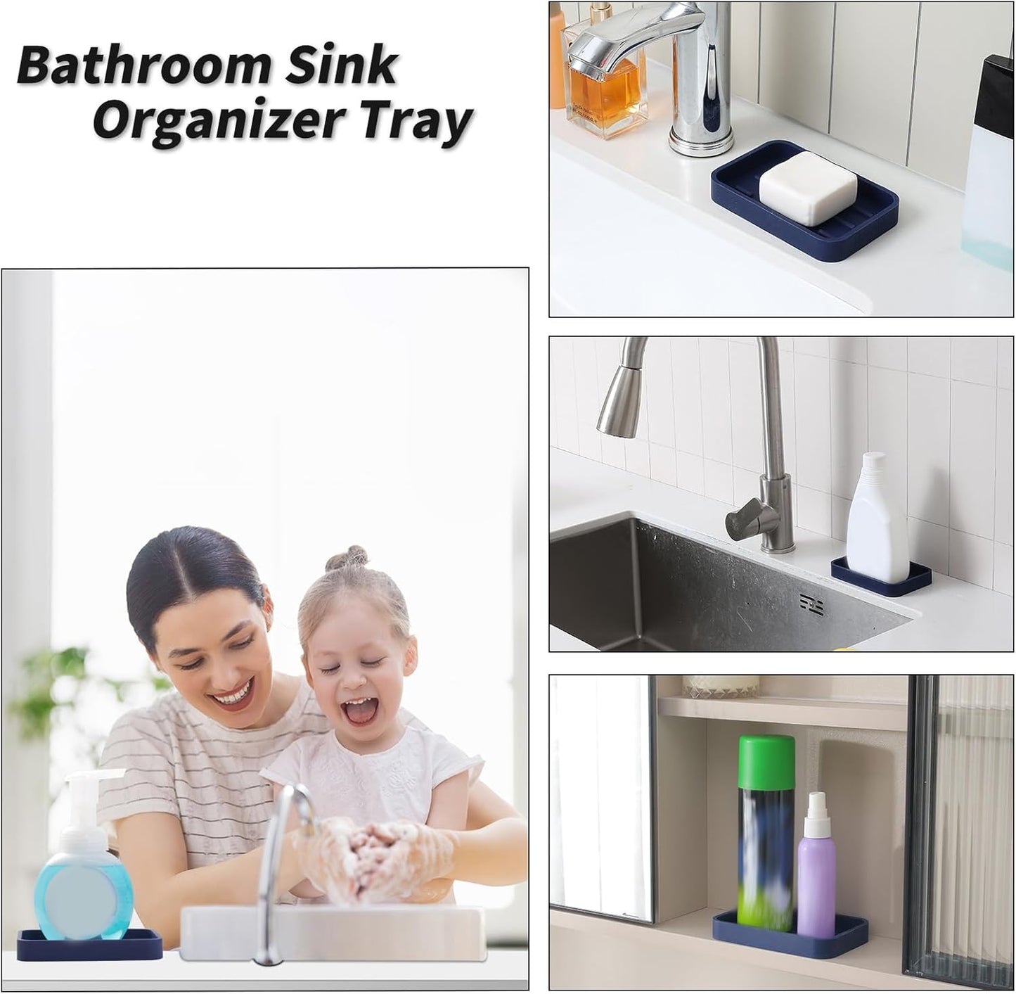 Silicone Kitchen Sink Organizer Tray for Multiple Usage,Easy Clean Sponges Holder for Kitchen Bathroom Counter or Sink,Dish Soap Dispenser,Scrubber,Bottle,Cup Navy Blue 4.9”x 3.2”